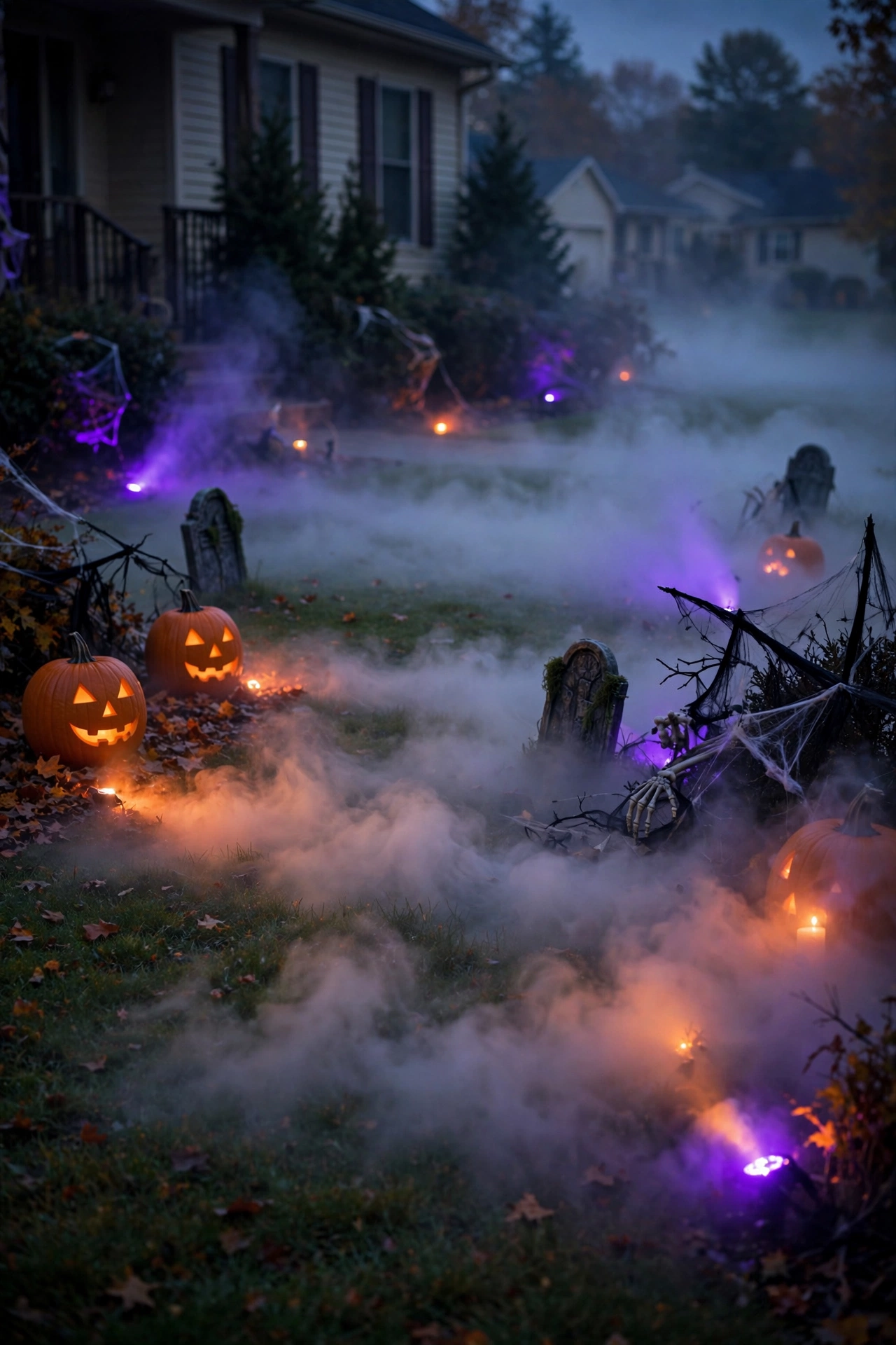 Fog machine creating low ground fog across Halloween-decorated lawn at dusk
