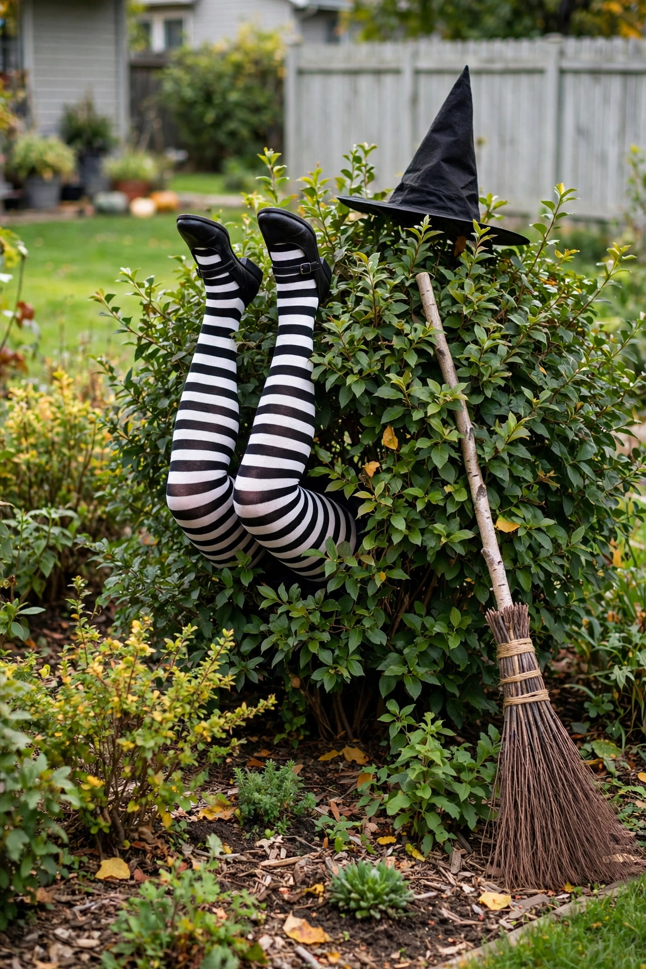 Witch crash scene with striped stocking legs sticking out of garden bush