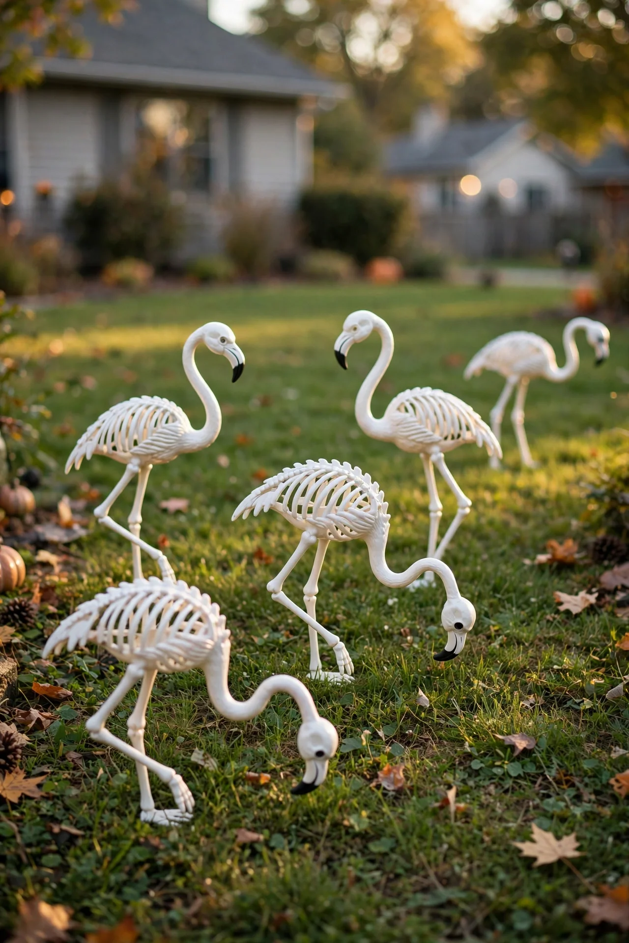 Plastic skeleton flamingos scattered on front lawn Halloween decor
