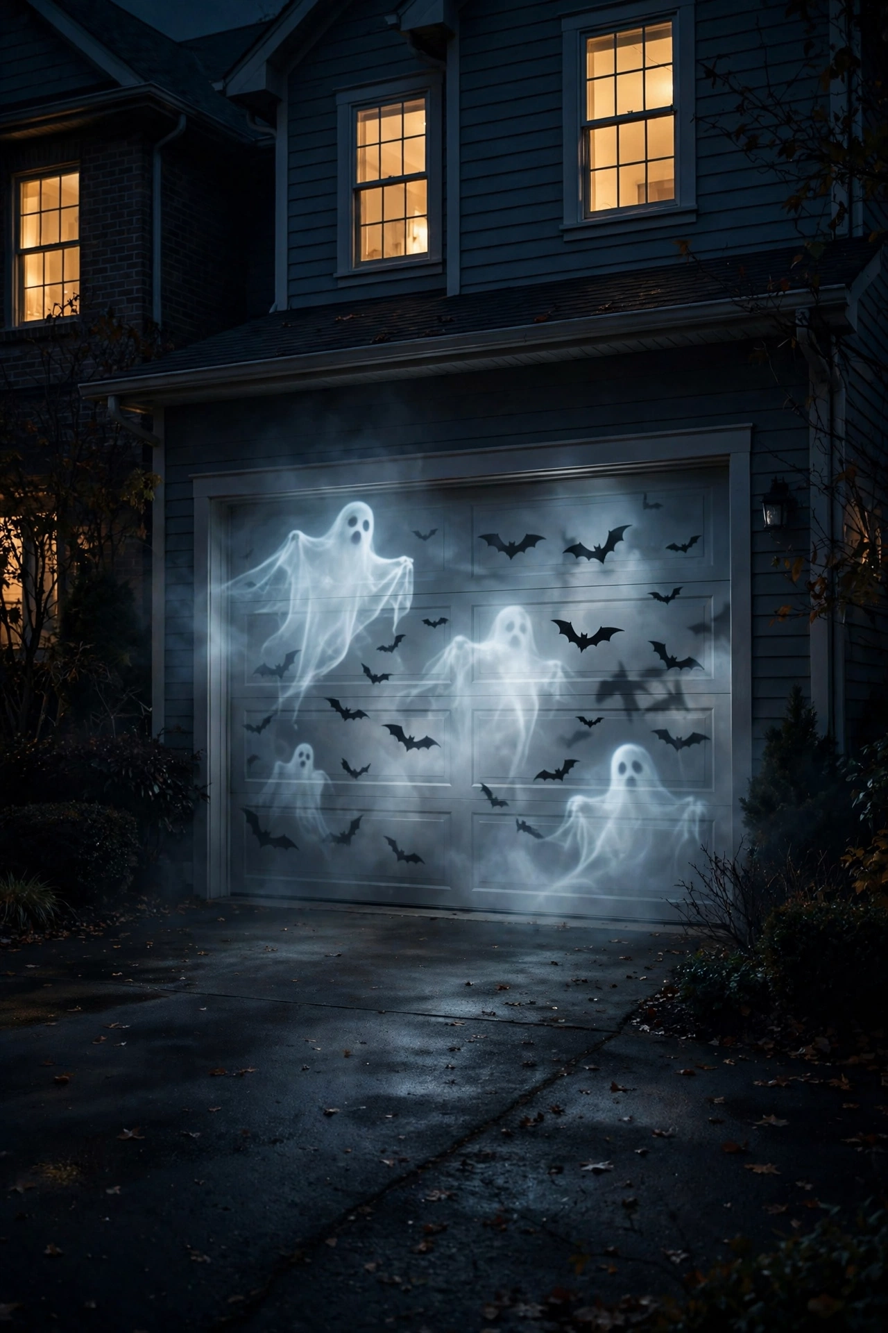 Halloween ghost projection show on garage door at night