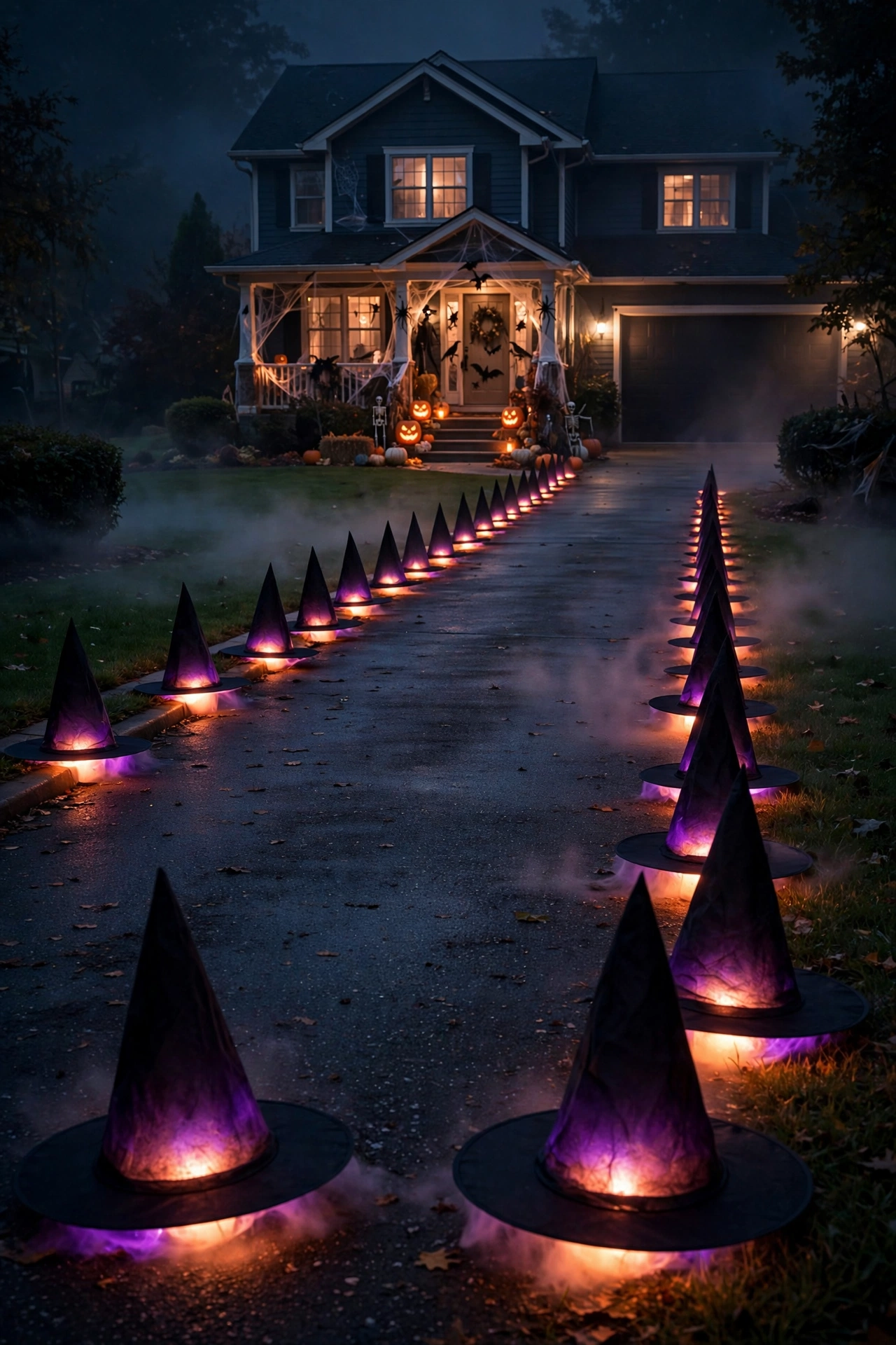 Driveway lined with glowing witch hat luminaries at night