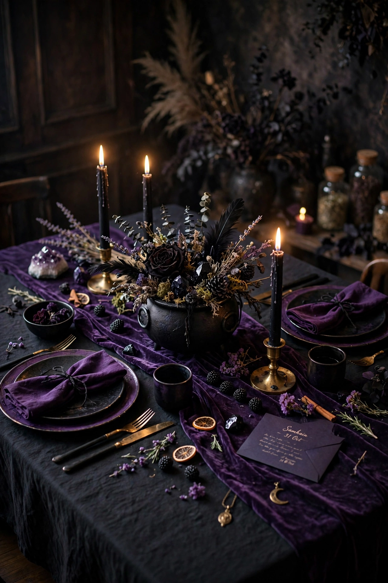 Witchy Halloween dining table with black tablecloth, purple velvet runner, black taper candles and small cauldron centerpiece