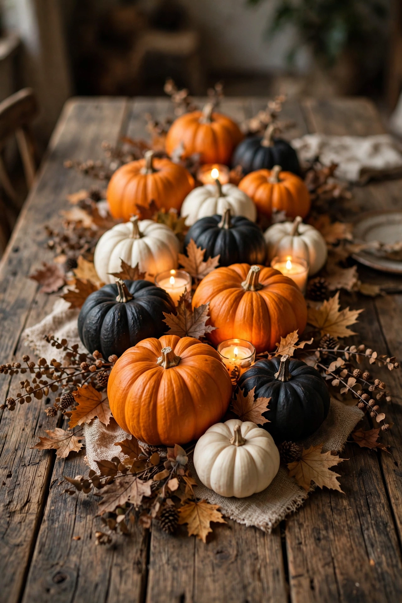 Cluster of orange, white and black pumpkins as a Halloween table centerpiece on a rustic wooden table