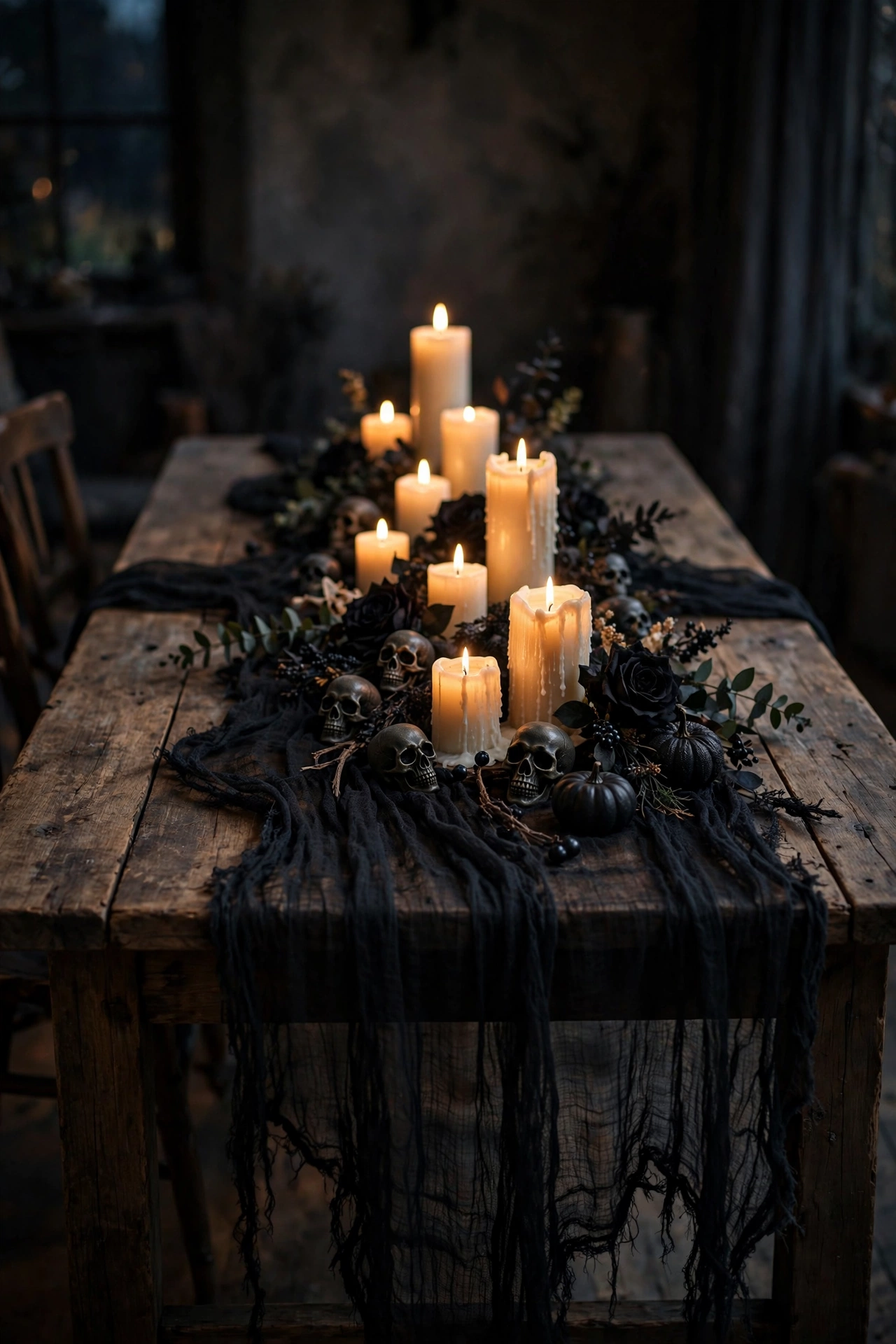 Halloween table with black gauze runner, glowing pillar candles, small skulls and black roses in dim light