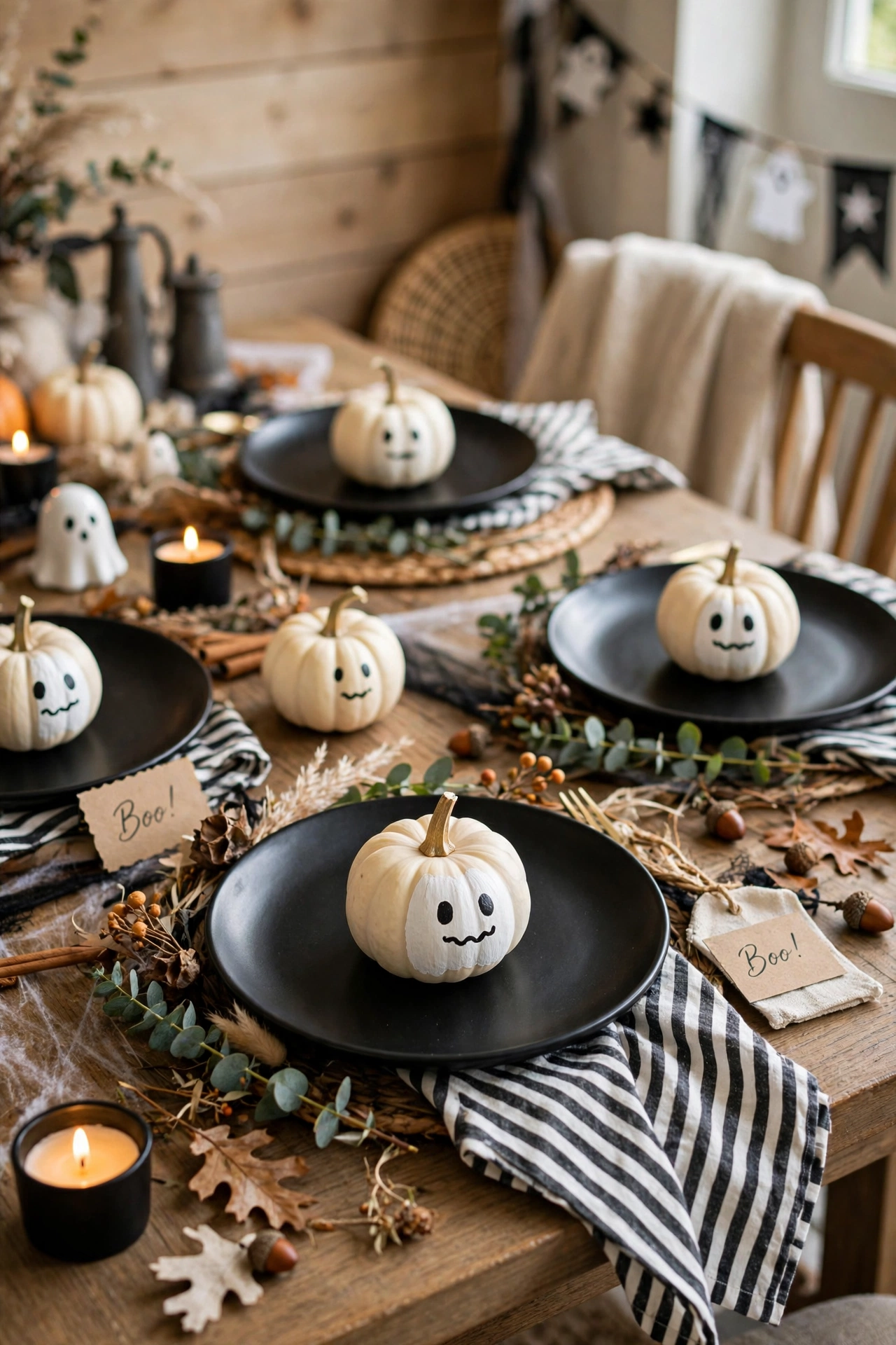 Cute ghost-themed Halloween place settings with white mini pumpkins painted as ghosts on black and white plates