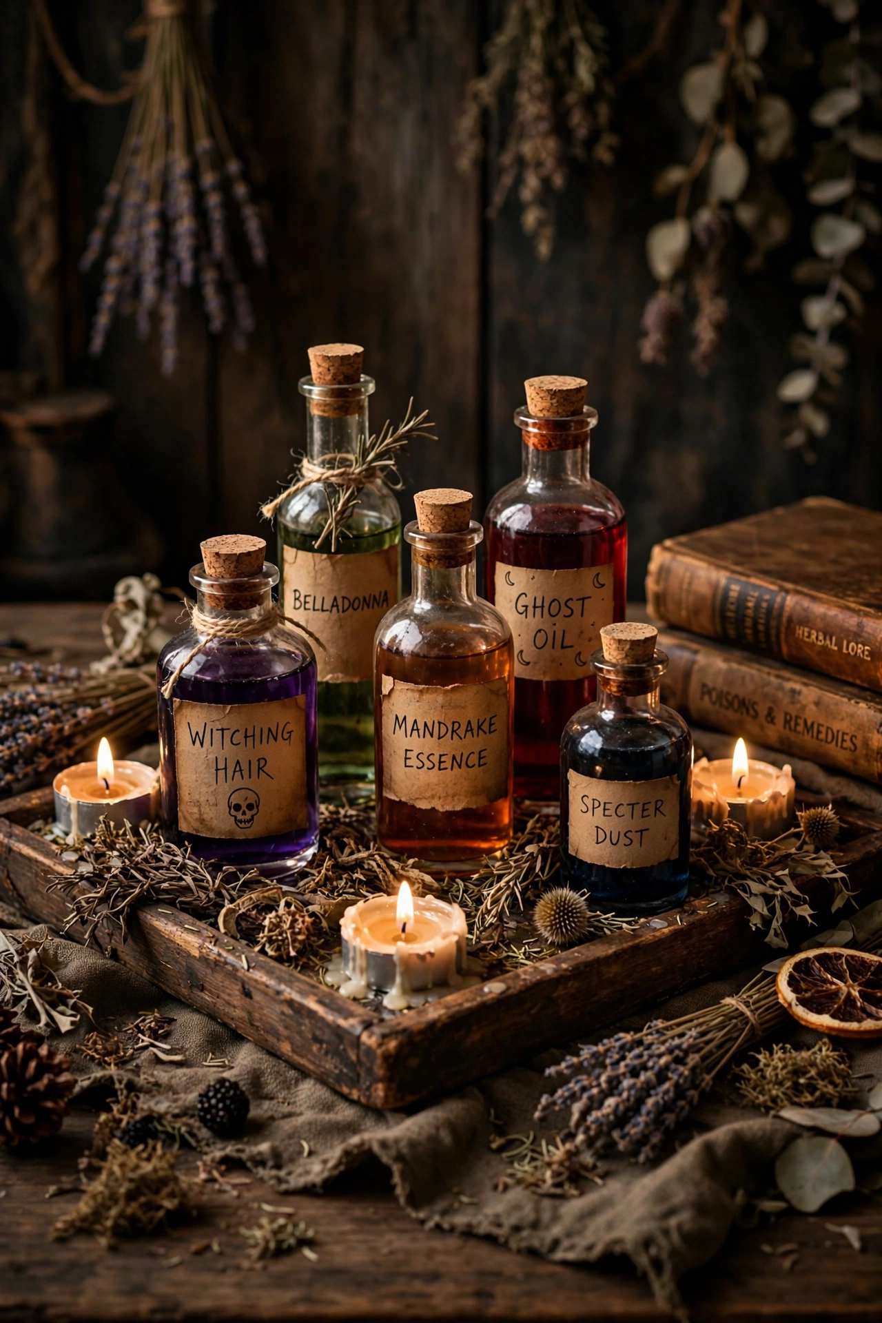Haunted apothecary Halloween centerpiece with vintage potion bottles, dried herbs and candles on a table