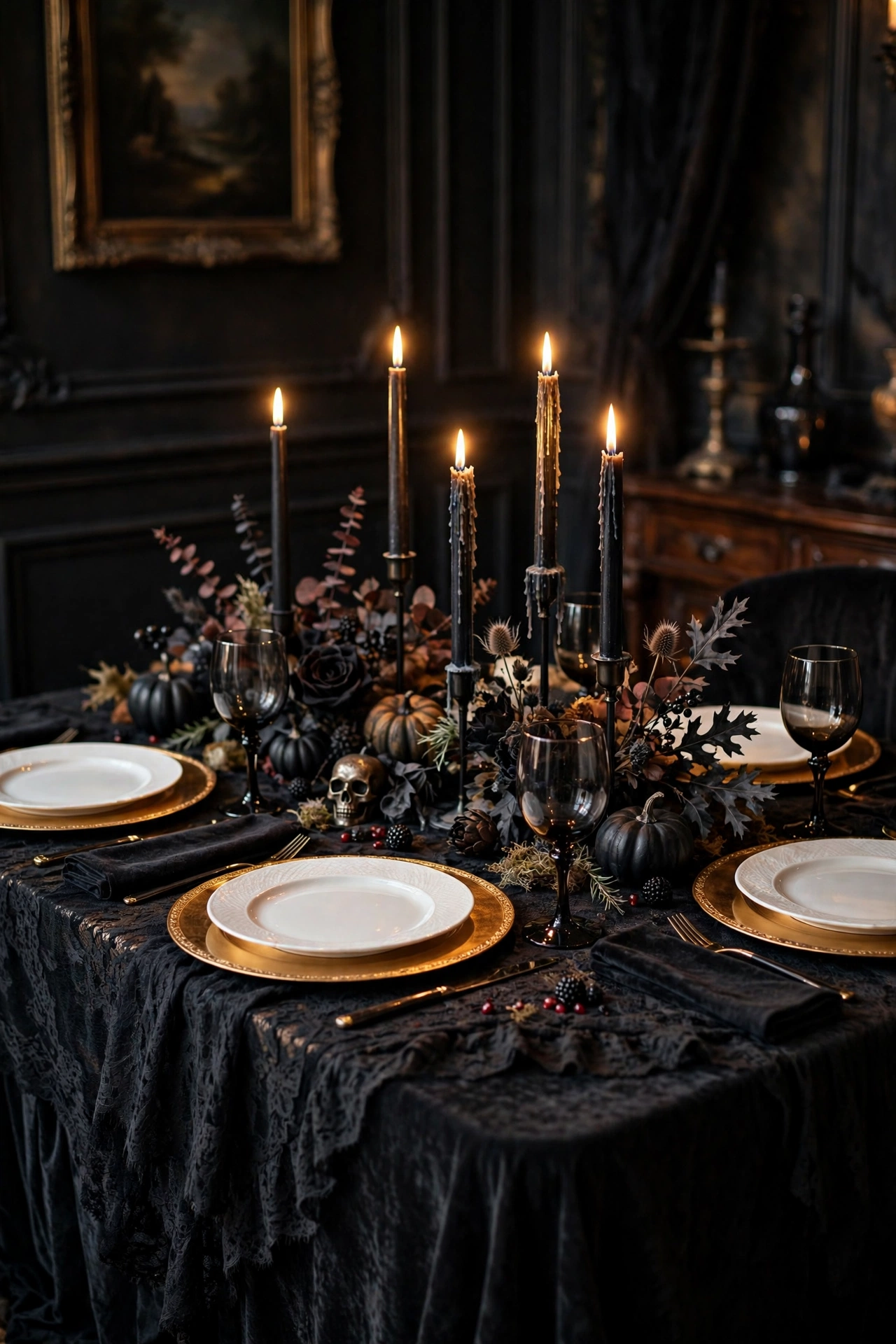Elegant Halloween table with black lace tablecloth overlay, gold chargers and candlelight