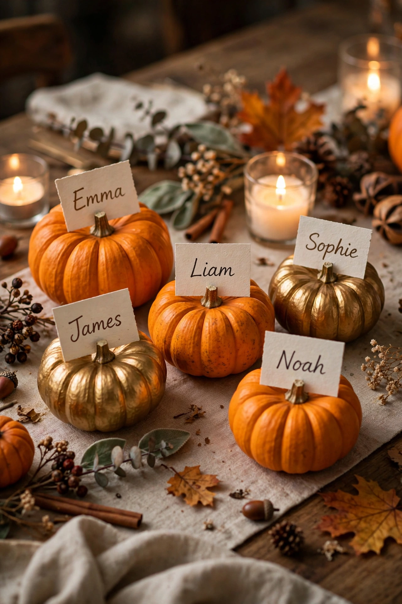 Mini pumpkins used as Halloween place card holders with handwritten name tags on a festive table