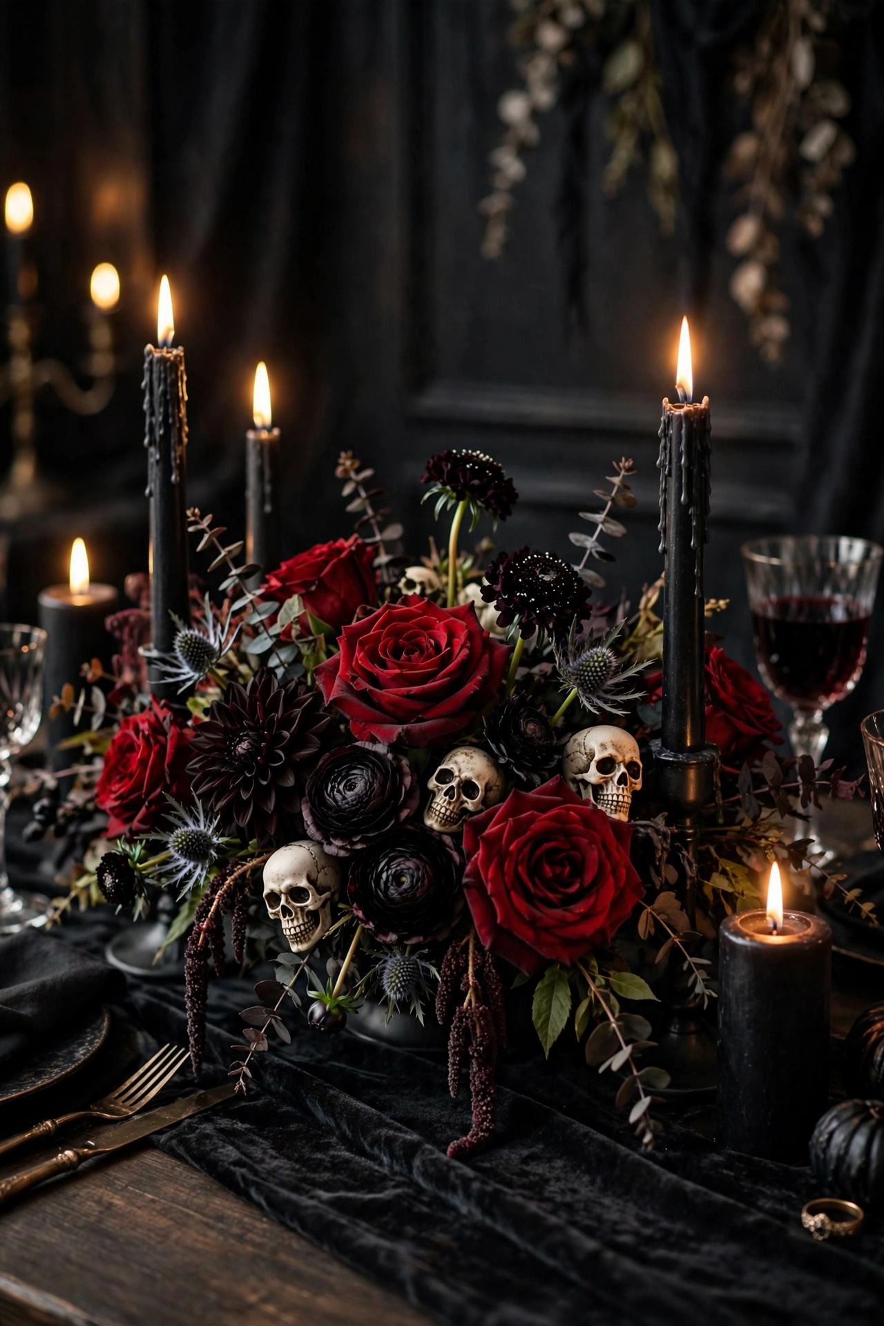 Gothic Halloween table centerpiece with deep red roses, black candles and decorative skulls
