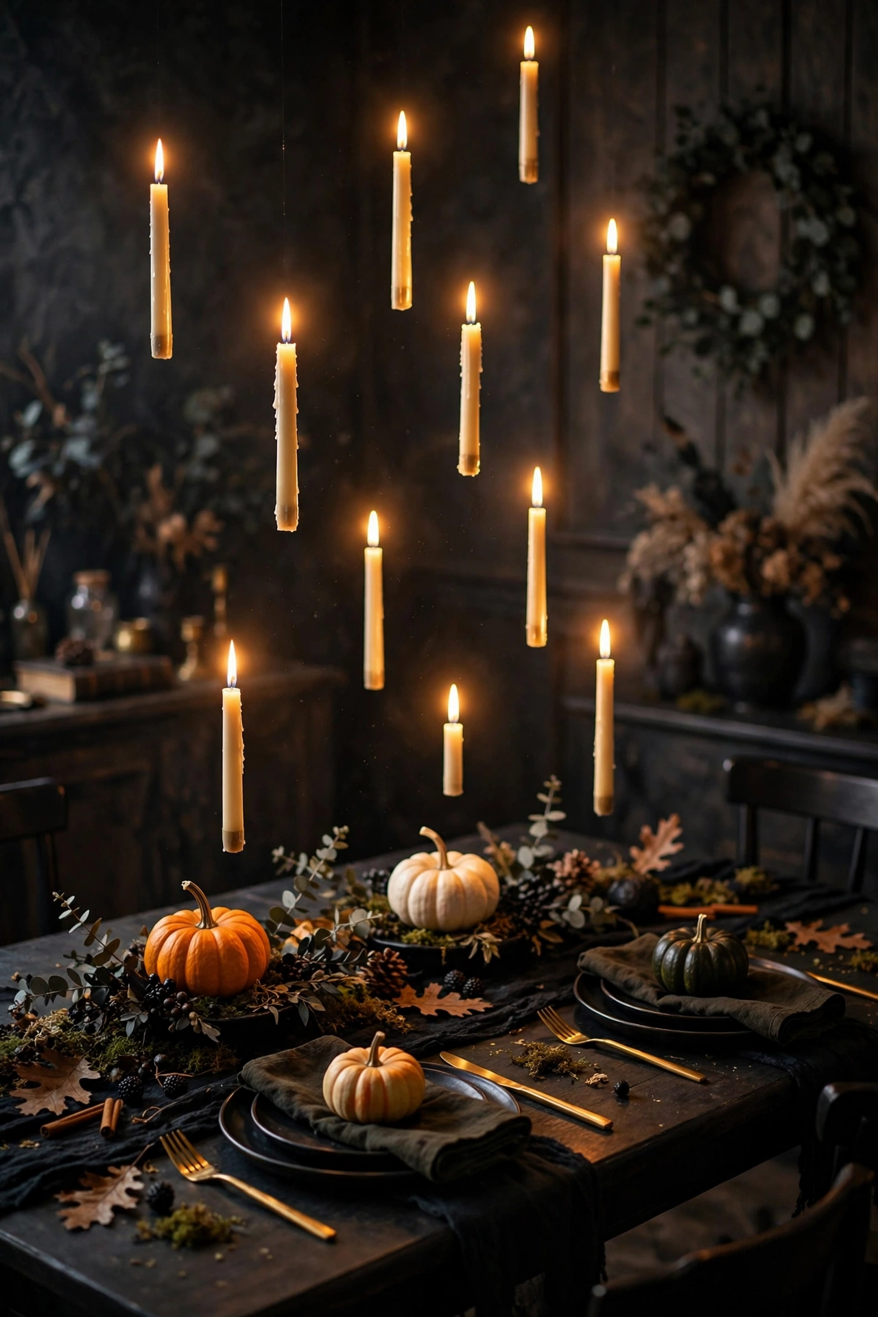 Halloween table with floating candles suspended above, glowing warmly over pumpkin place settings