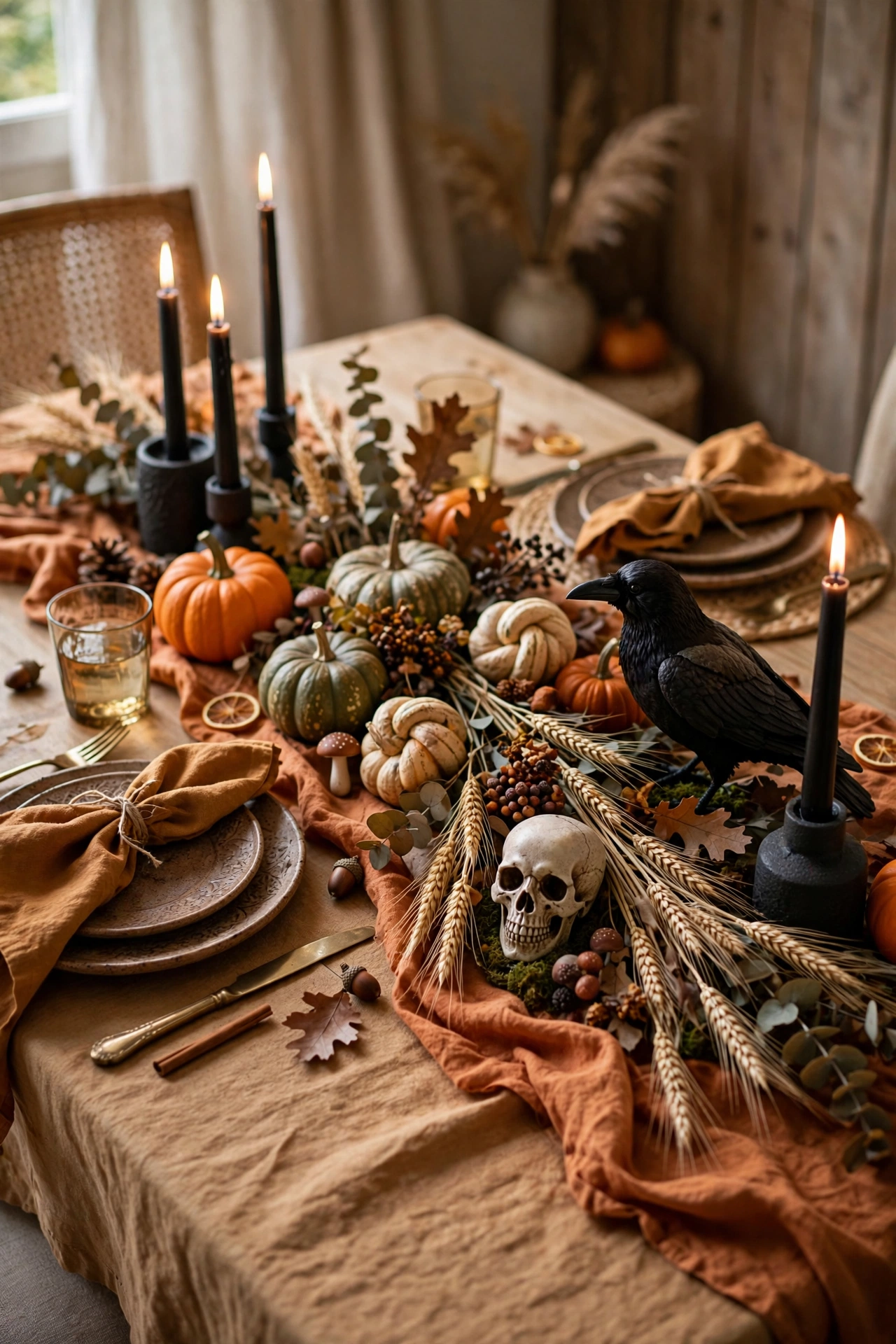 Halloween table blending harvest decor with spooky touches, pumpkins, wheat and black accents