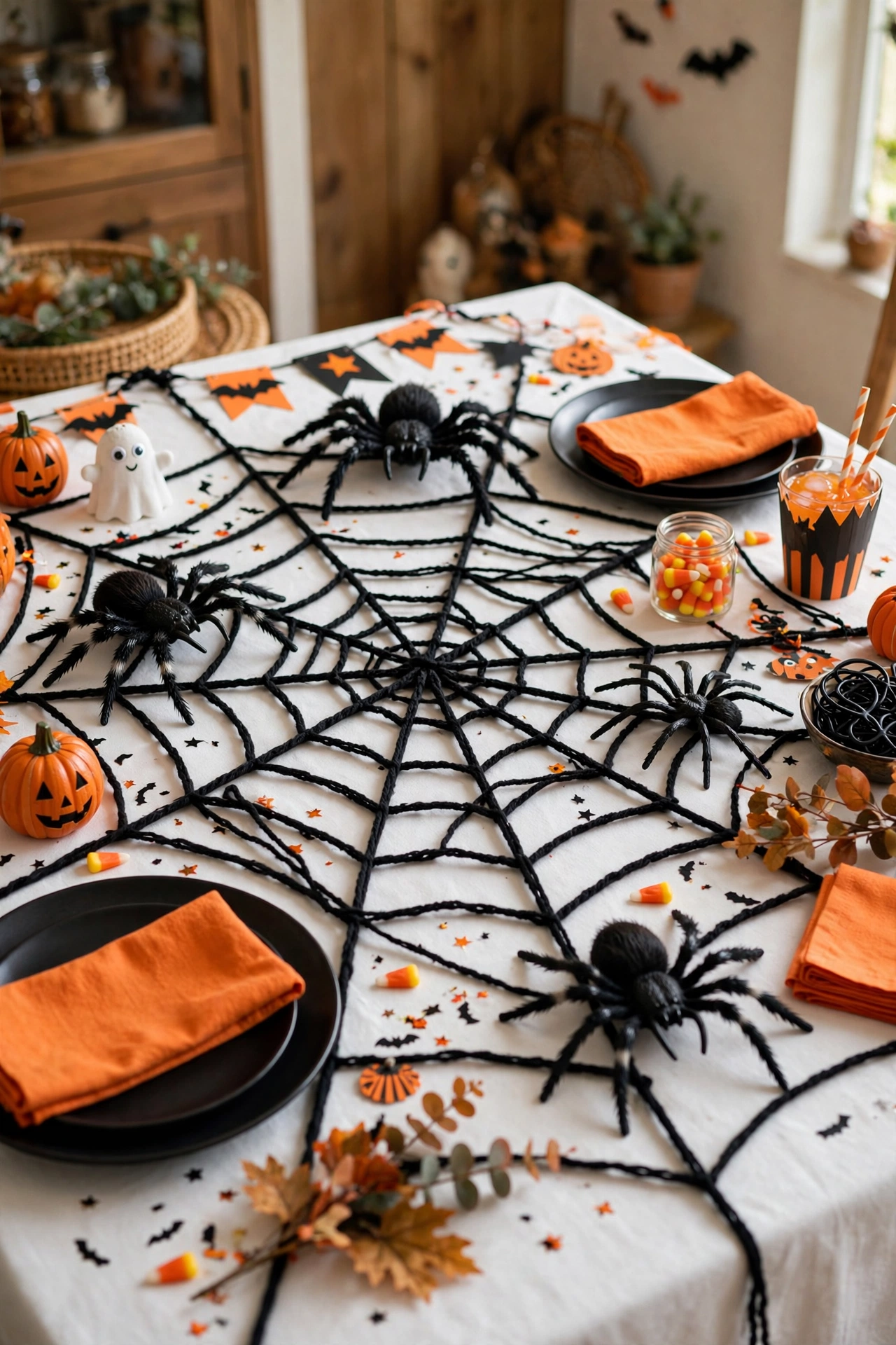 DIY spiderweb Halloween table runner made from black yarn with plastic spiders on a white tablecloth