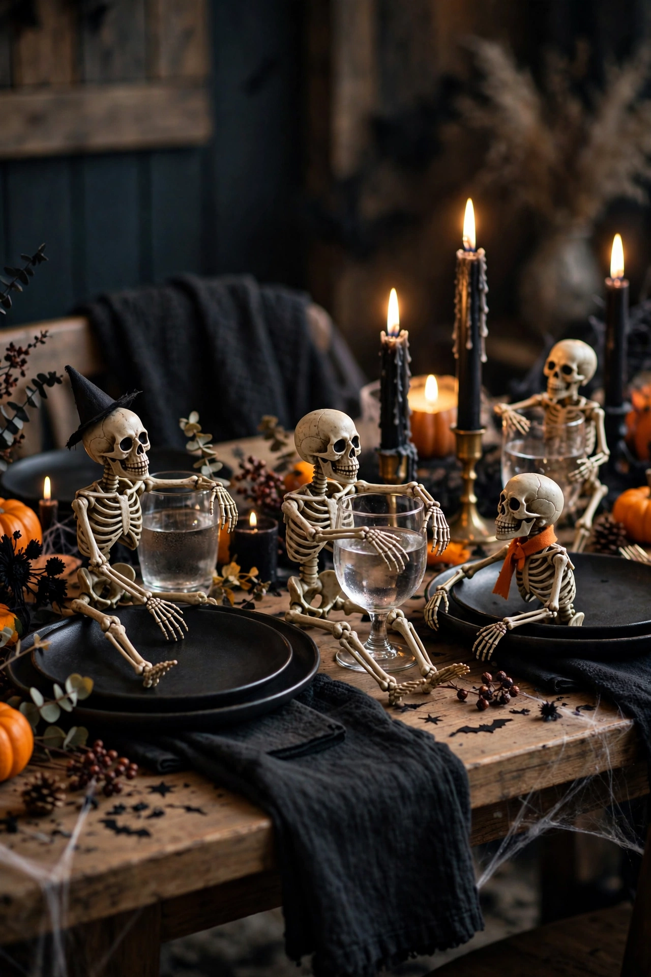 Halloween table with skeleton-themed place settings, mini skeletons on dark plates with eerie candlelight