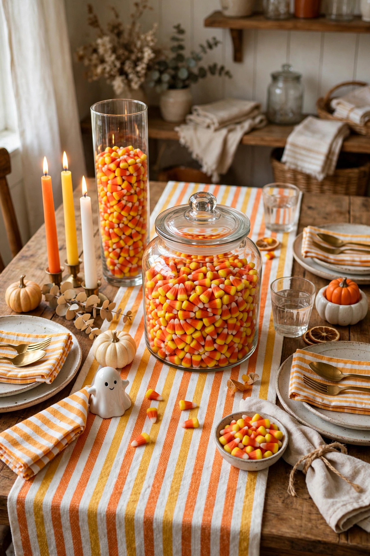 Halloween table decorated in candy corn colors with orange, yellow and white striped runner and treats