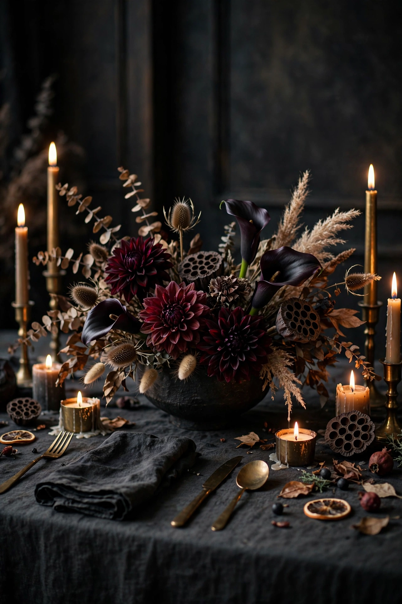 Moody Halloween table centerpiece with dark burgundy and black flowers, dried elements and candles