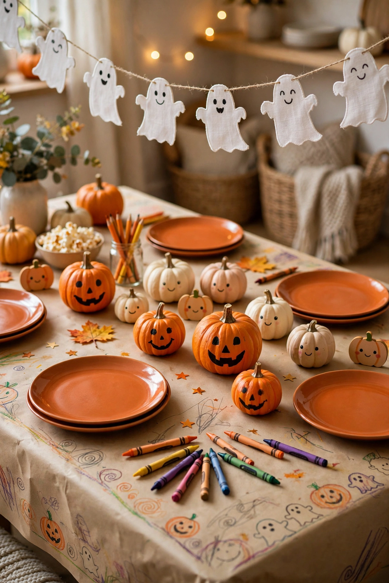Kid-friendly Halloween table with friendly pumpkin decorations, orange plates and fun not-scary accents