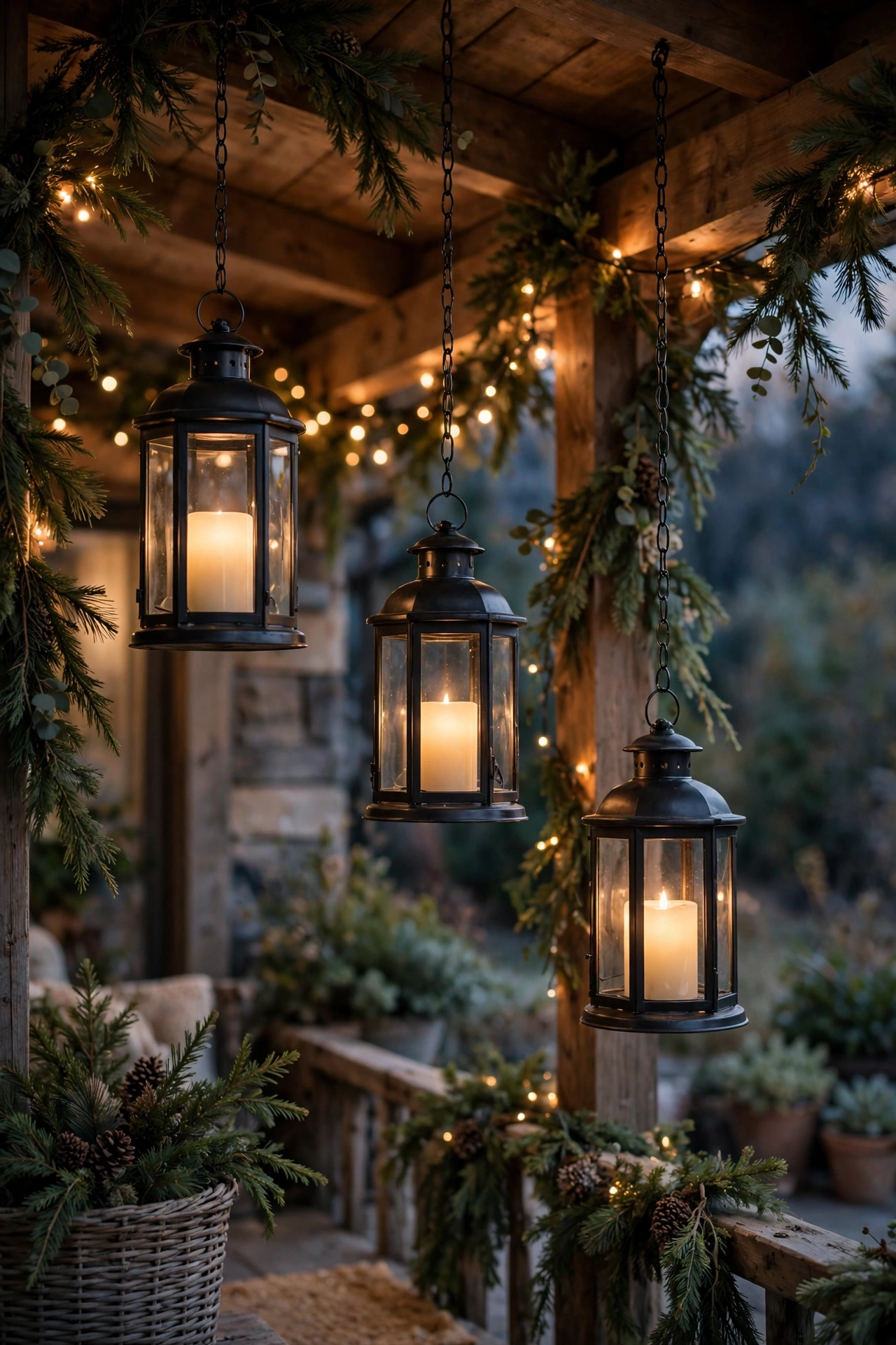 Lanterns with glowing LED candles hanging from a porch ceiling by chains at different heights, surrounded by evergreen garland