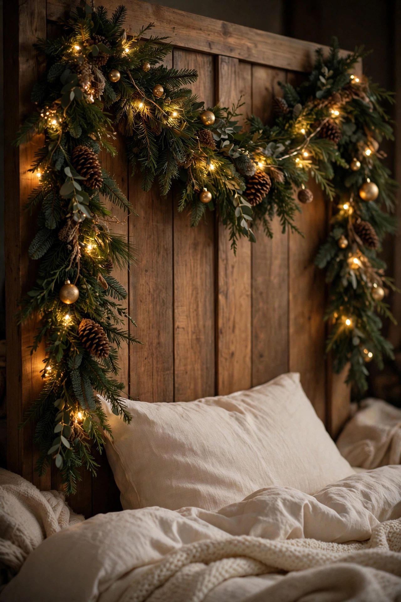 Wooden headboard draped with a lush evergreen garland woven with warm-white fairy lights, pinecones and small gold ornaments