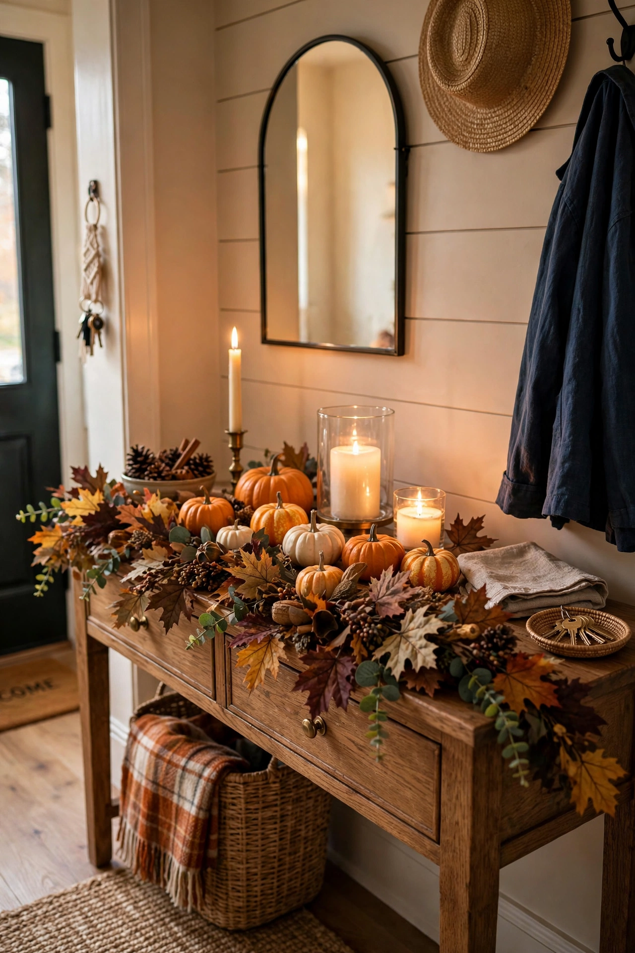 Thanksgiving entryway console table decorated with fall garland, pumpkins and candles