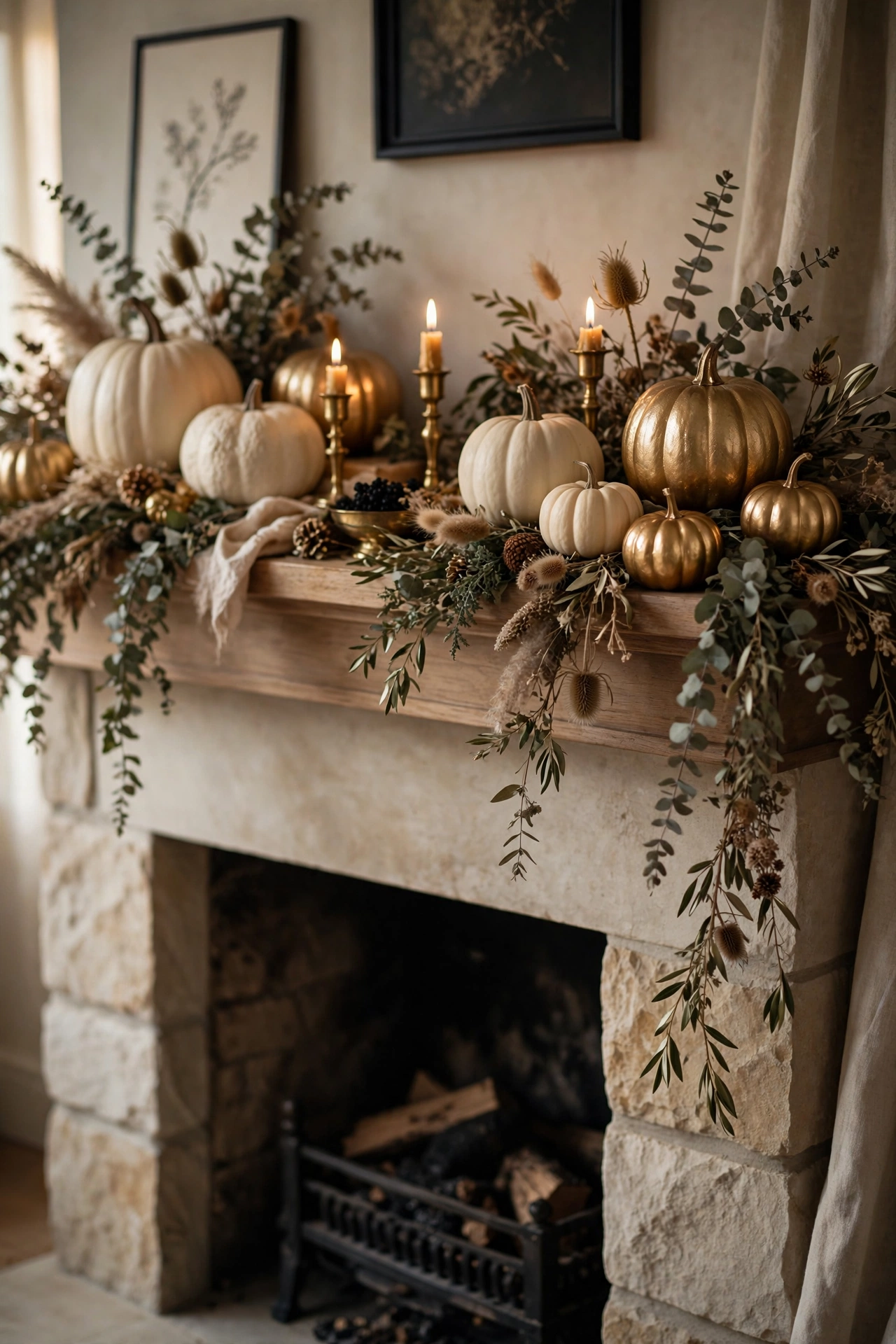 Fireplace mantel styled with ivory and gold pumpkins, dried eucalyptus and brass candlesticks