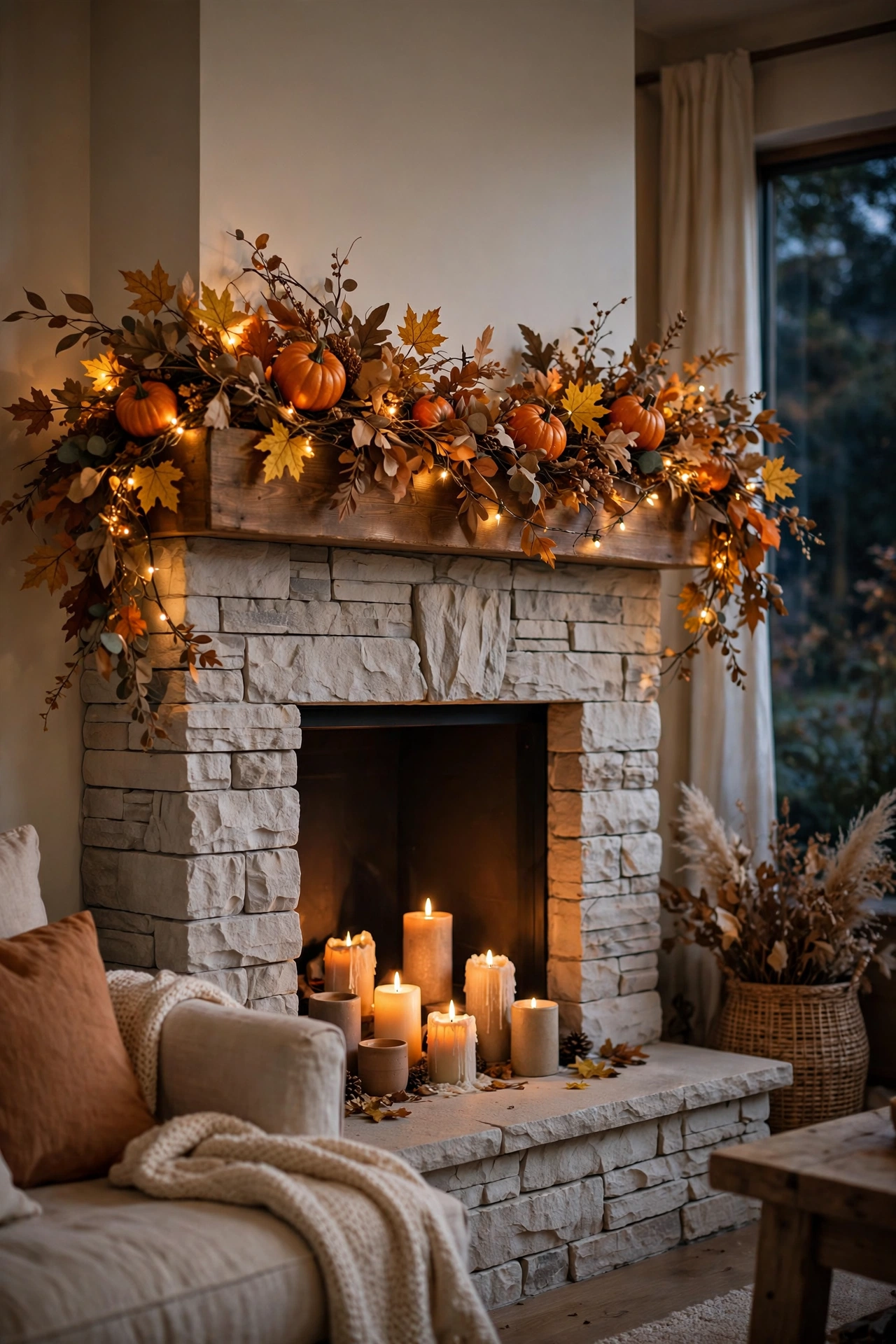 Halloween fireplace mantel with a garland of small pumpkins, autumn leaves and warm fairy lights