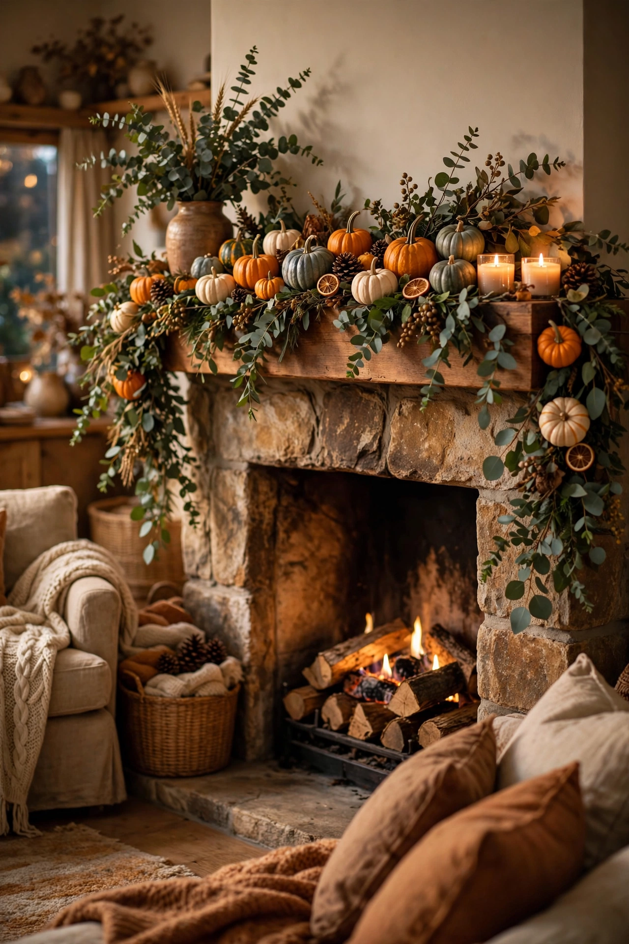 Thanksgiving mantel decorated with pumpkin garland and fresh eucalyptus sprigs