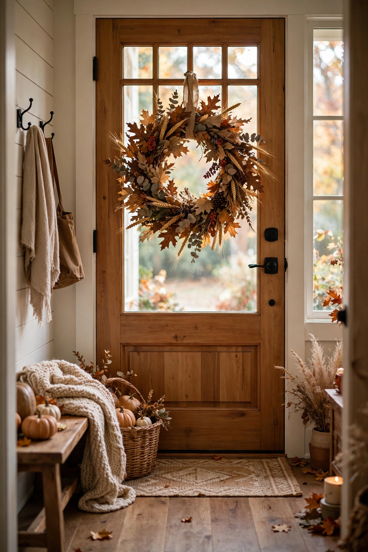 Autumn wreath with dried leaves hanging on a front door inside a cozy entryway