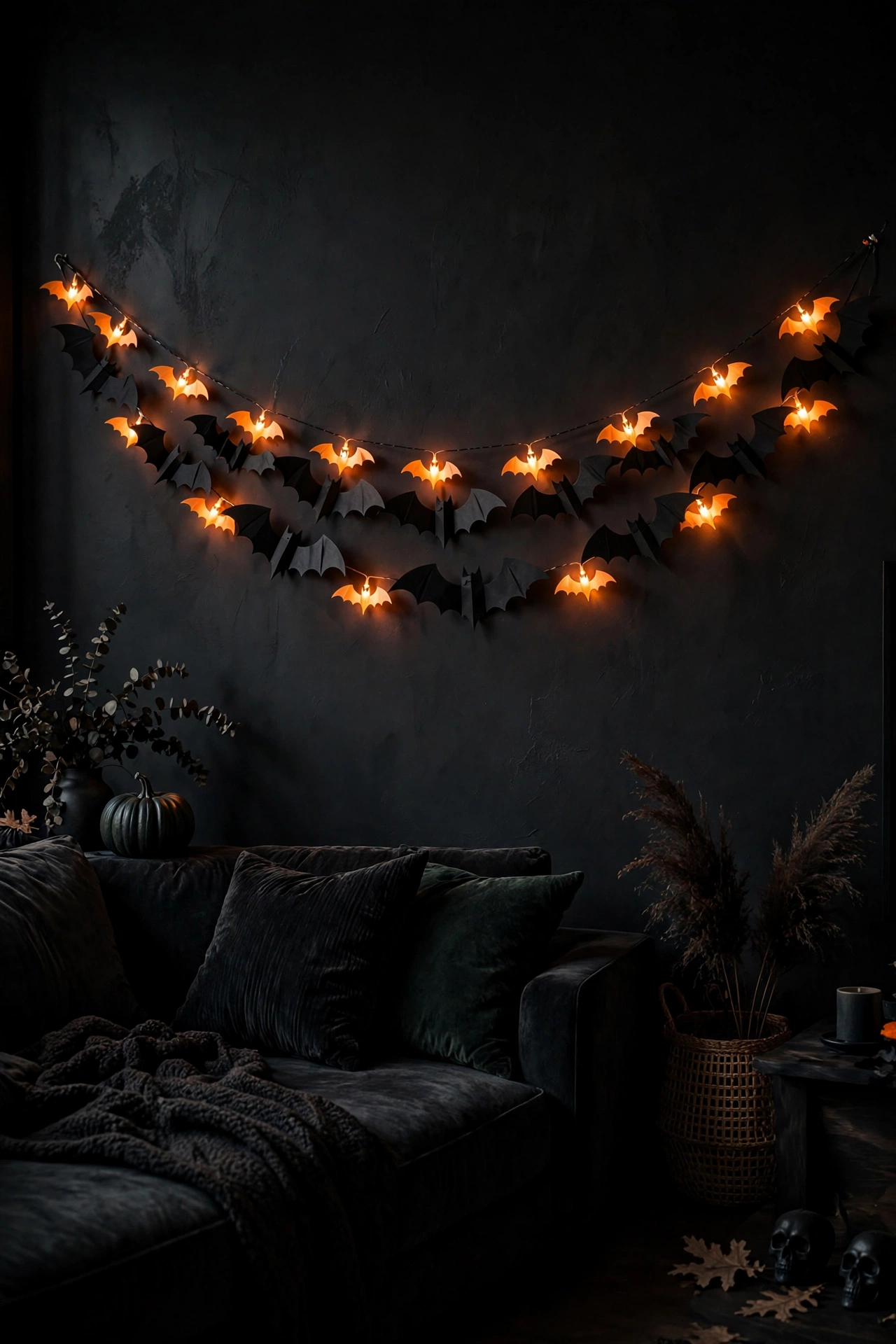 Black paper bat garland with glowing orange bat-shaped string lights on a living room wall