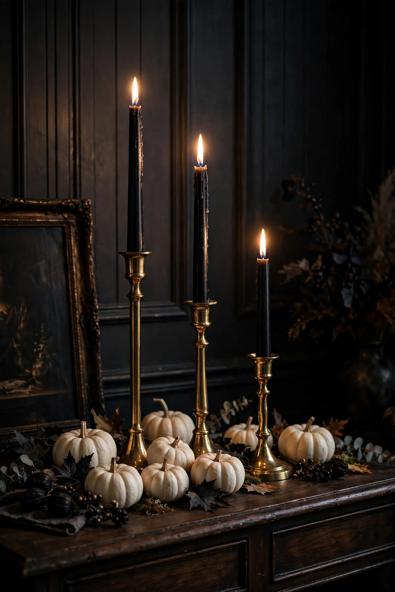 Tall black taper candles in polished brass candlesticks on a dark wood console table