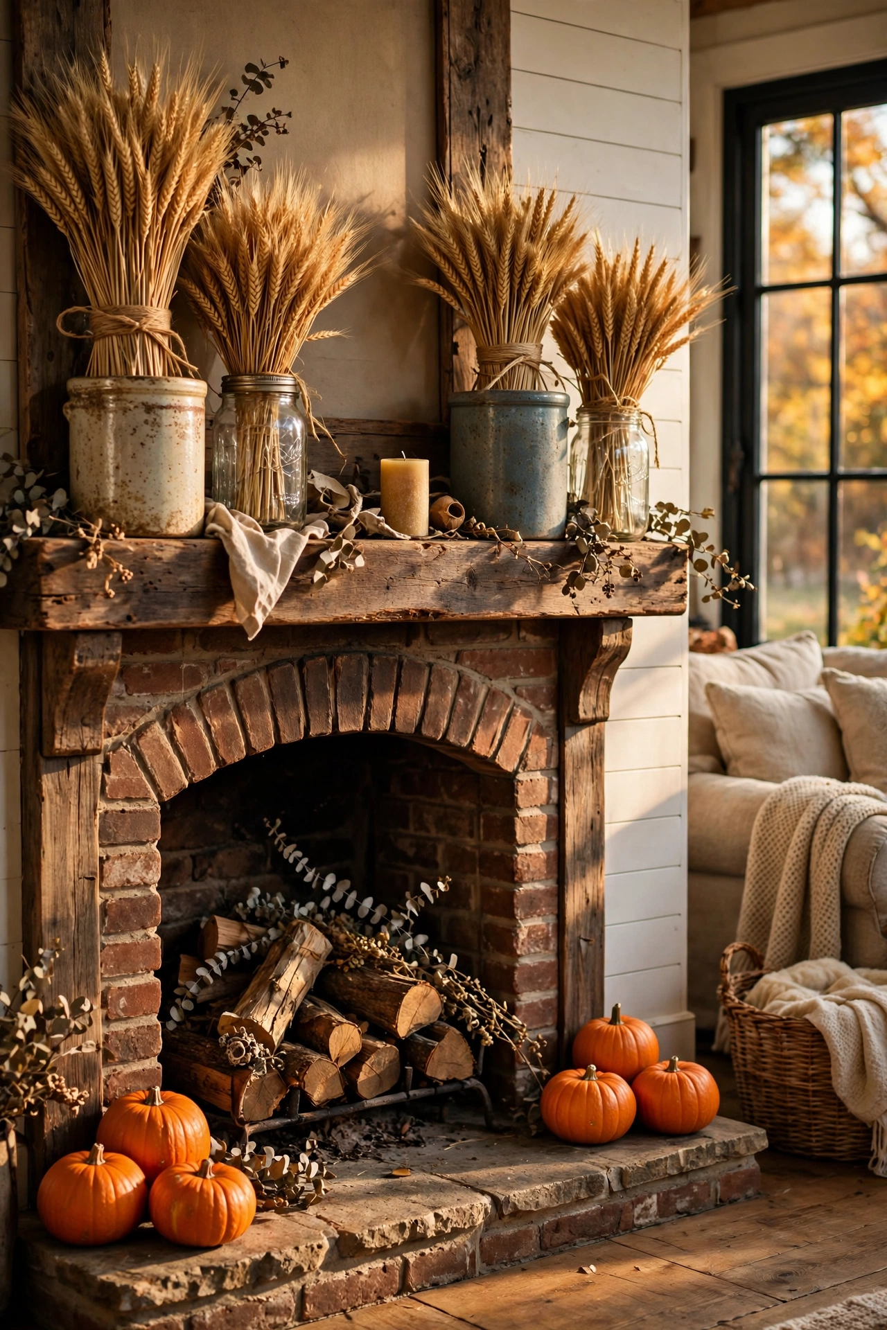 Dried wheat sheaves in vintage ceramic crocks on a Thanksgiving mantel