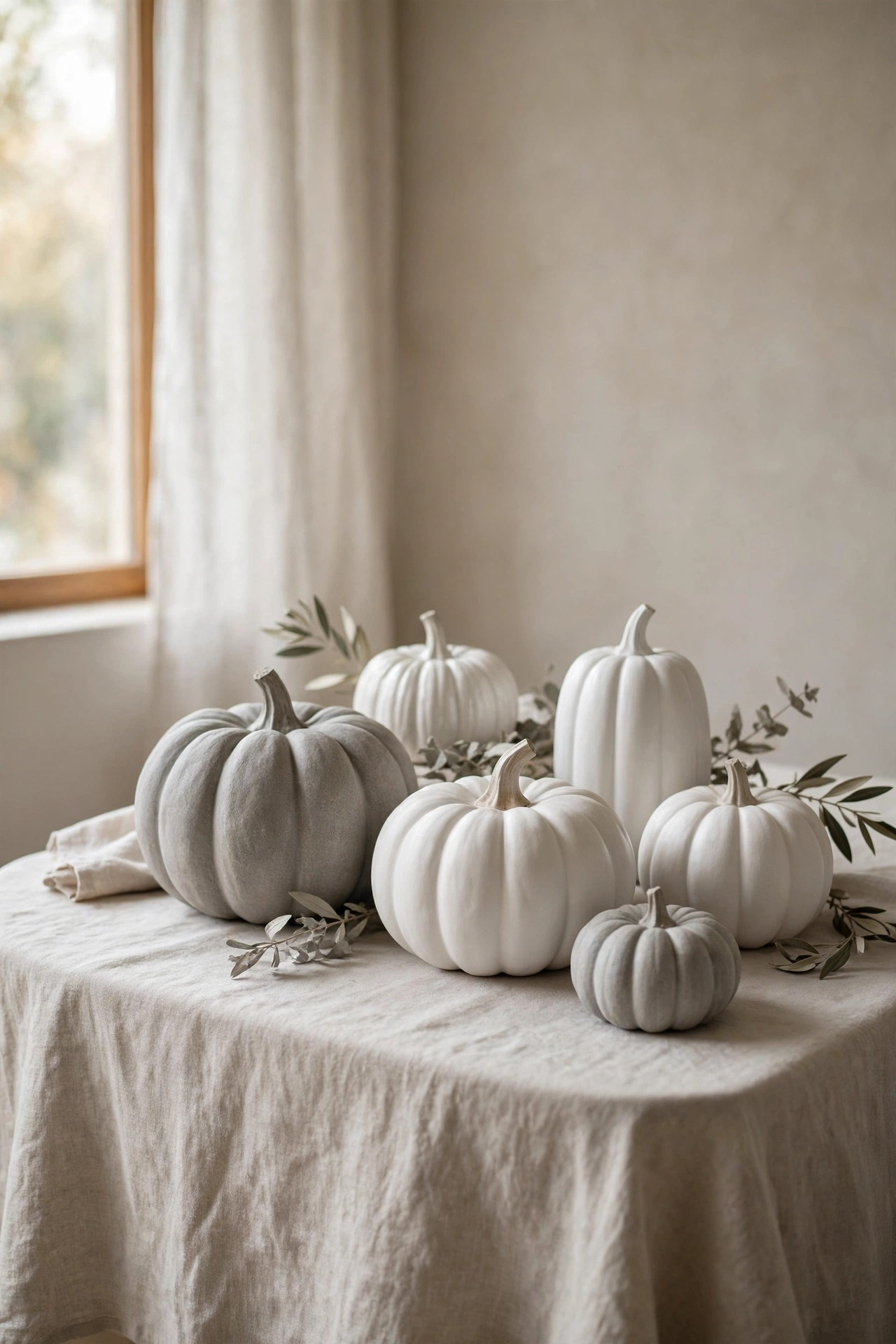 White and gray ceramic pumpkins arranged on a linen-covered side table