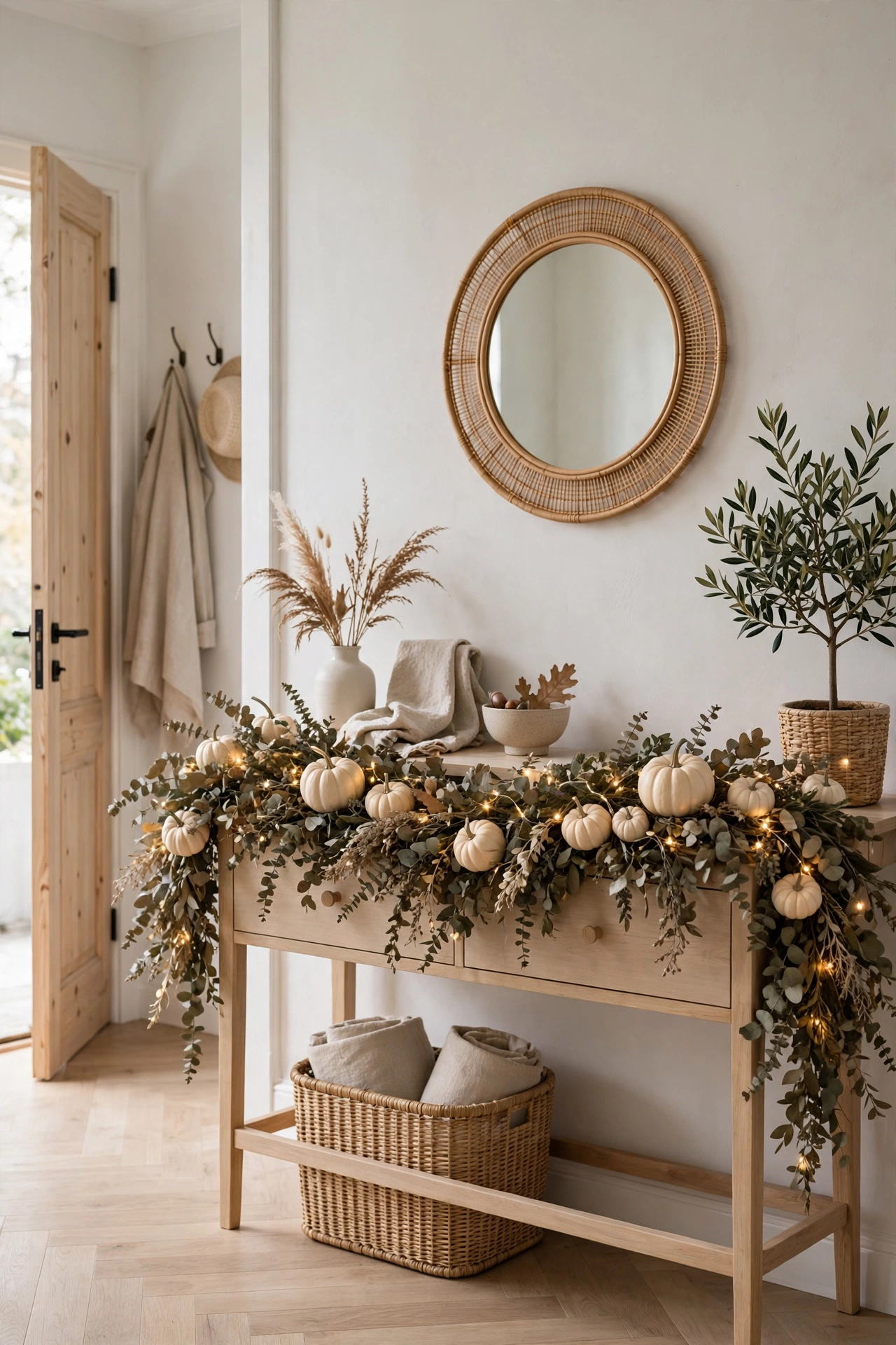 Neutral Halloween garland of dried eucalyptus, cream pumpkins and delicate fairy lights on a console table