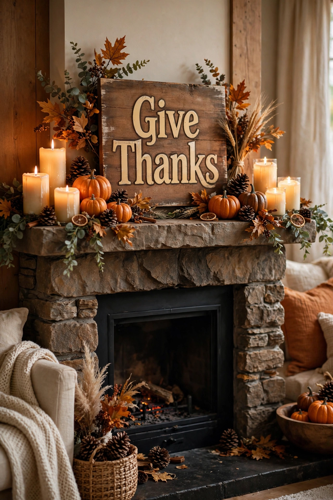Rustic Give Thanks wooden sign as centerpiece on a Thanksgiving mantel with pumpkins and candles