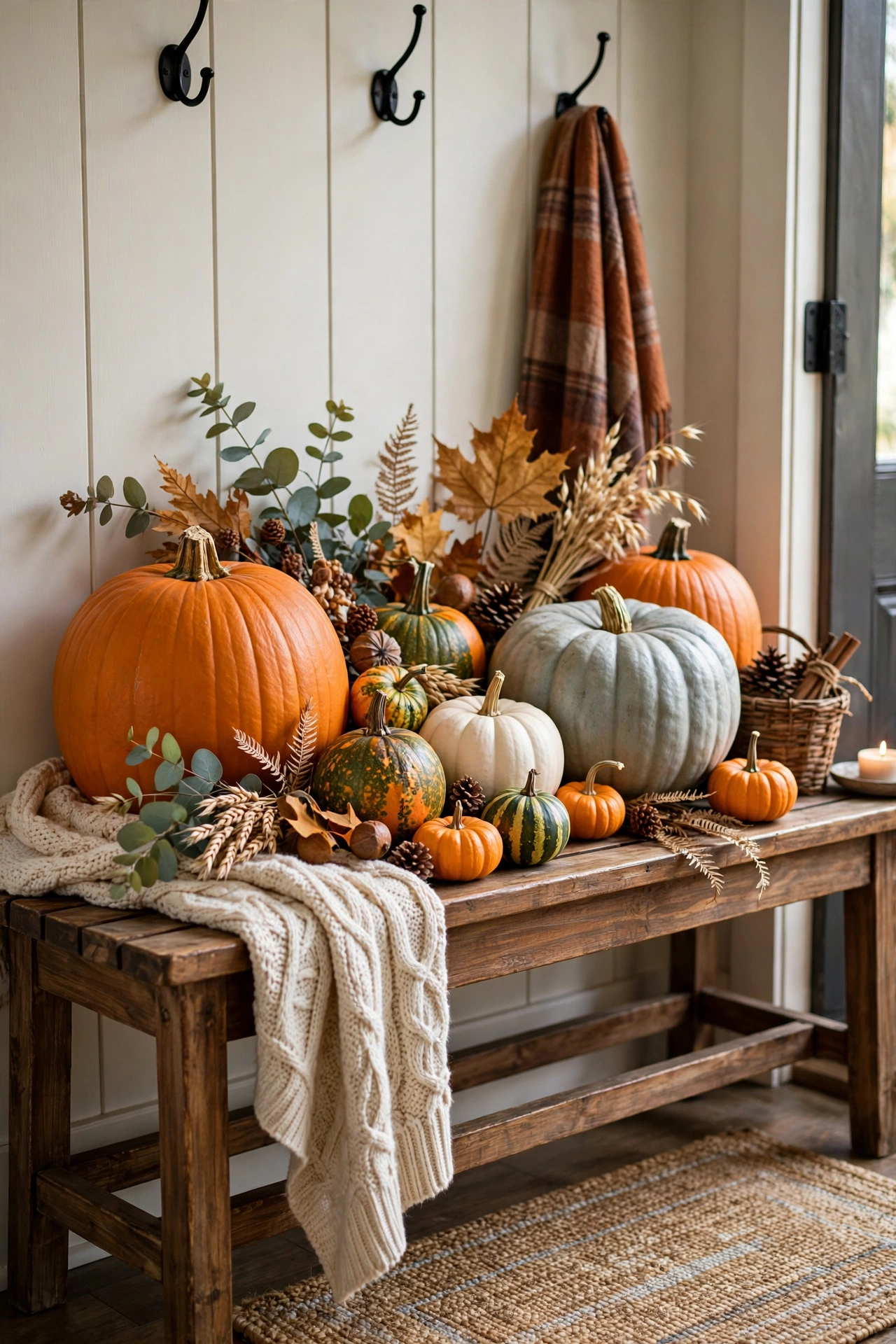 Pumpkins in different sizes arranged on a wooden entryway bench