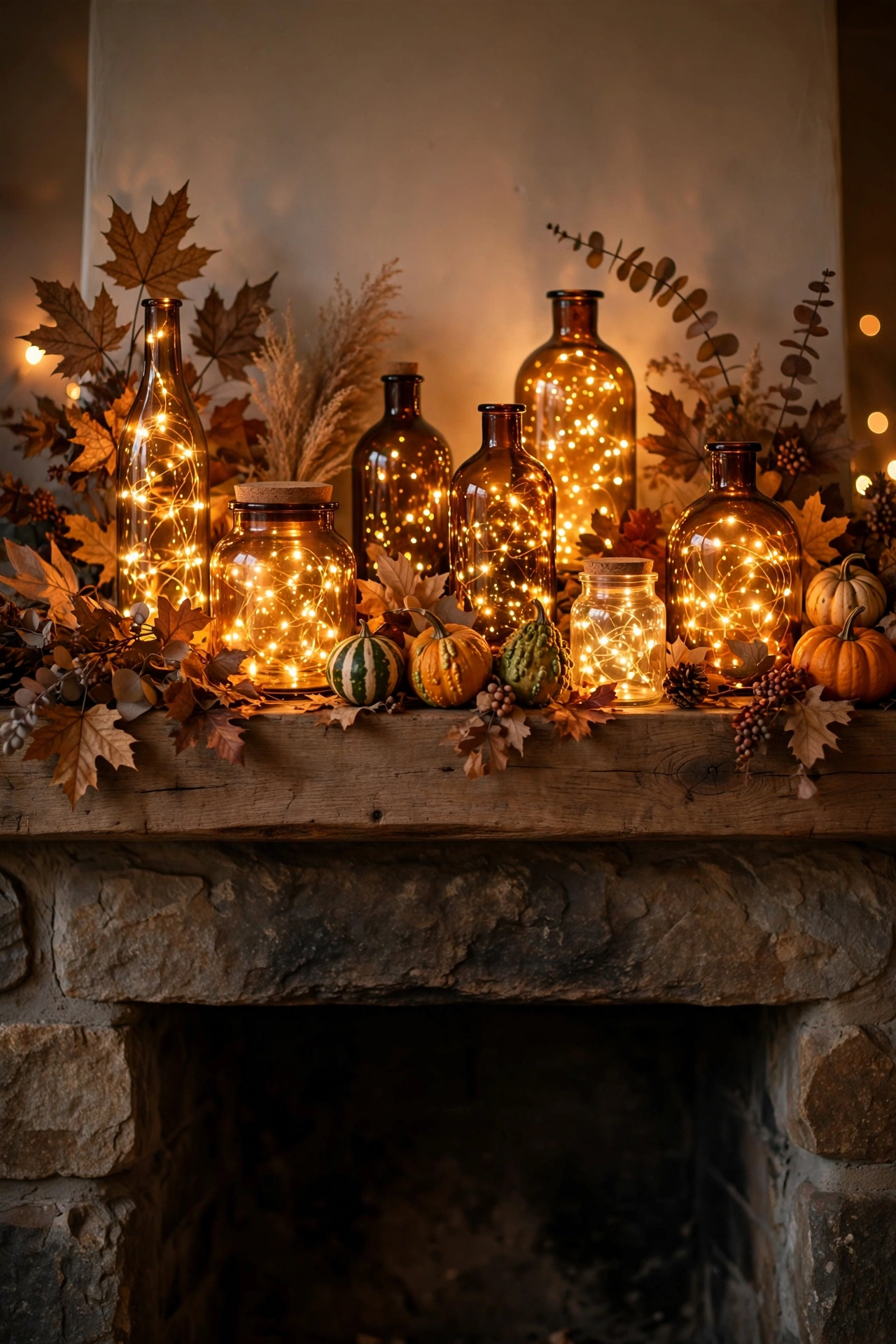 Amber glass bottles with warm fairy lights on a Thanksgiving mantel at dusk