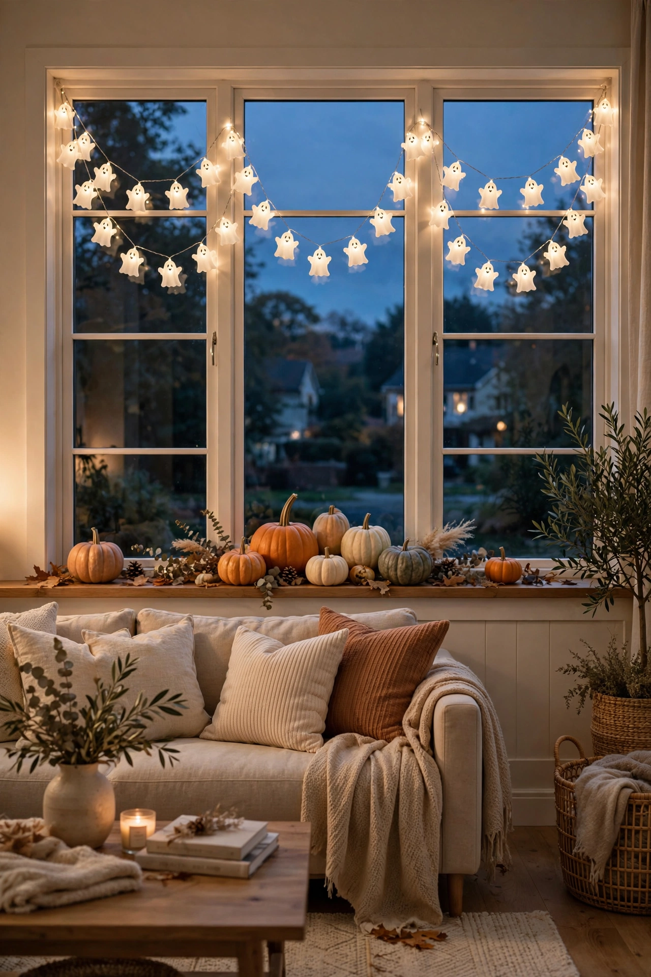 Cute white ghost-shaped string lights glowing in swags across a living room window at dusk