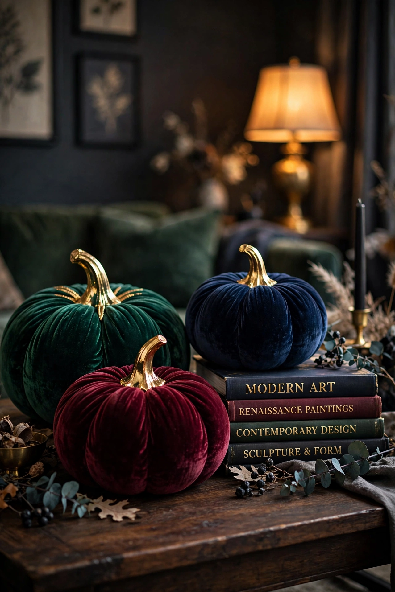Plush velvet pumpkins in emerald, burgundy and navy with gold stems on a coffee table