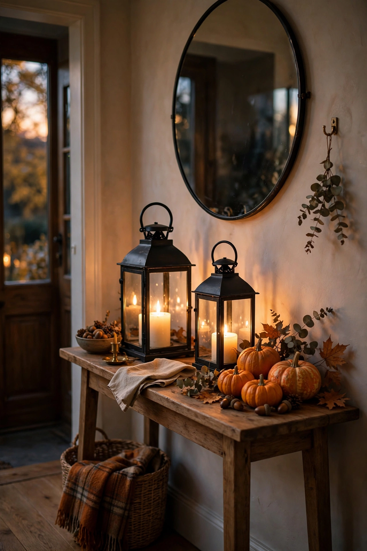 Glowing lanterns with candles on an entryway console table
