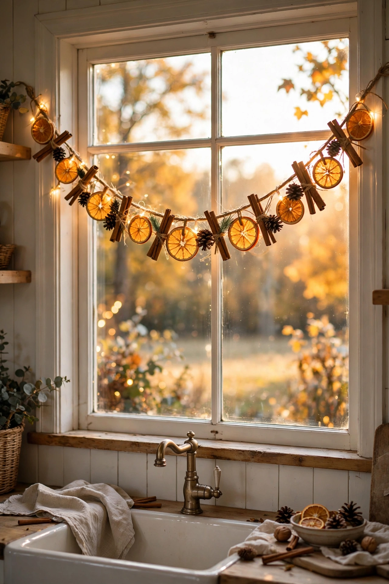 Rustic DIY garland of dried orange slices, cinnamon sticks and fairy lights in a farmhouse kitchen window