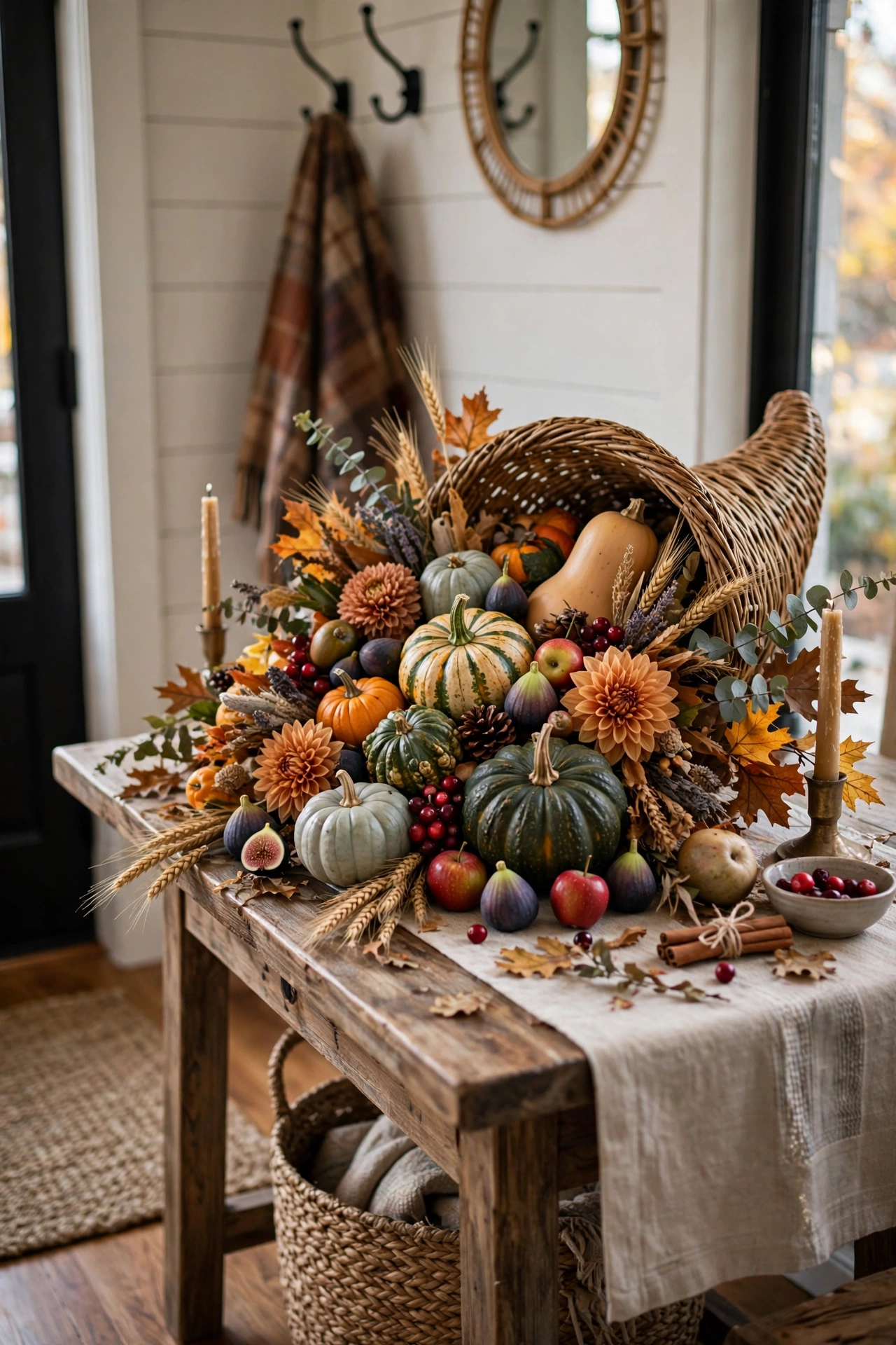 Harvest centerpiece with cornucopia and gourds on an entryway table