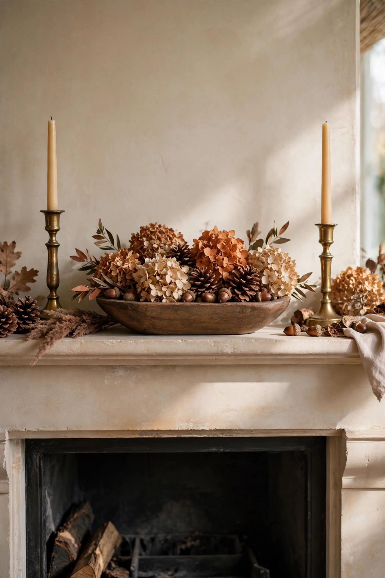 Dried hydrangeas and pinecones in a wooden dough bowl on a Thanksgiving mantel