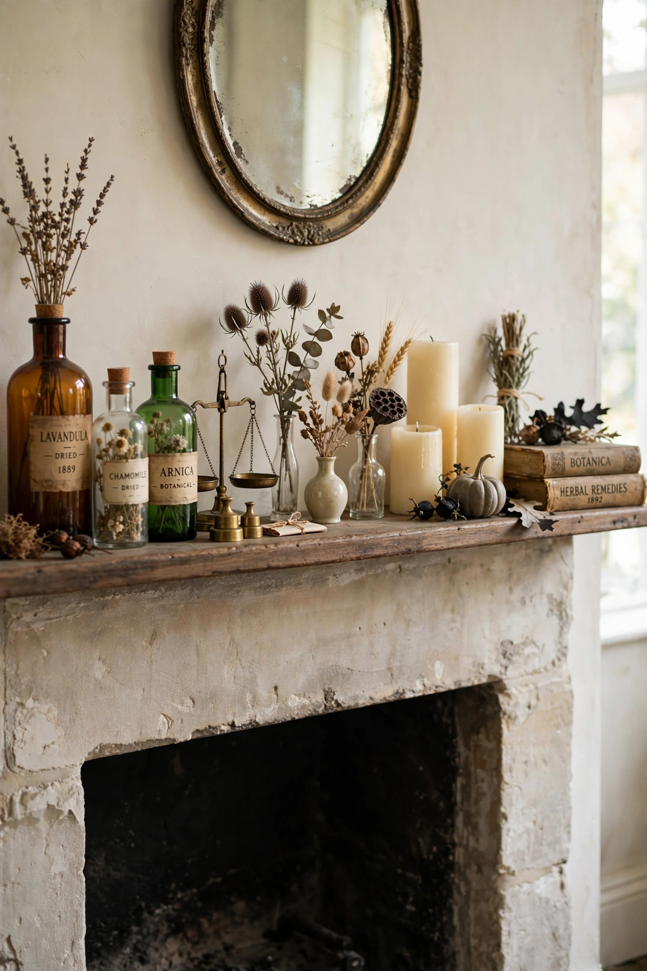 Refined apothecary-style mantel with vintage glass bottles, brass scales and dried botanicals
