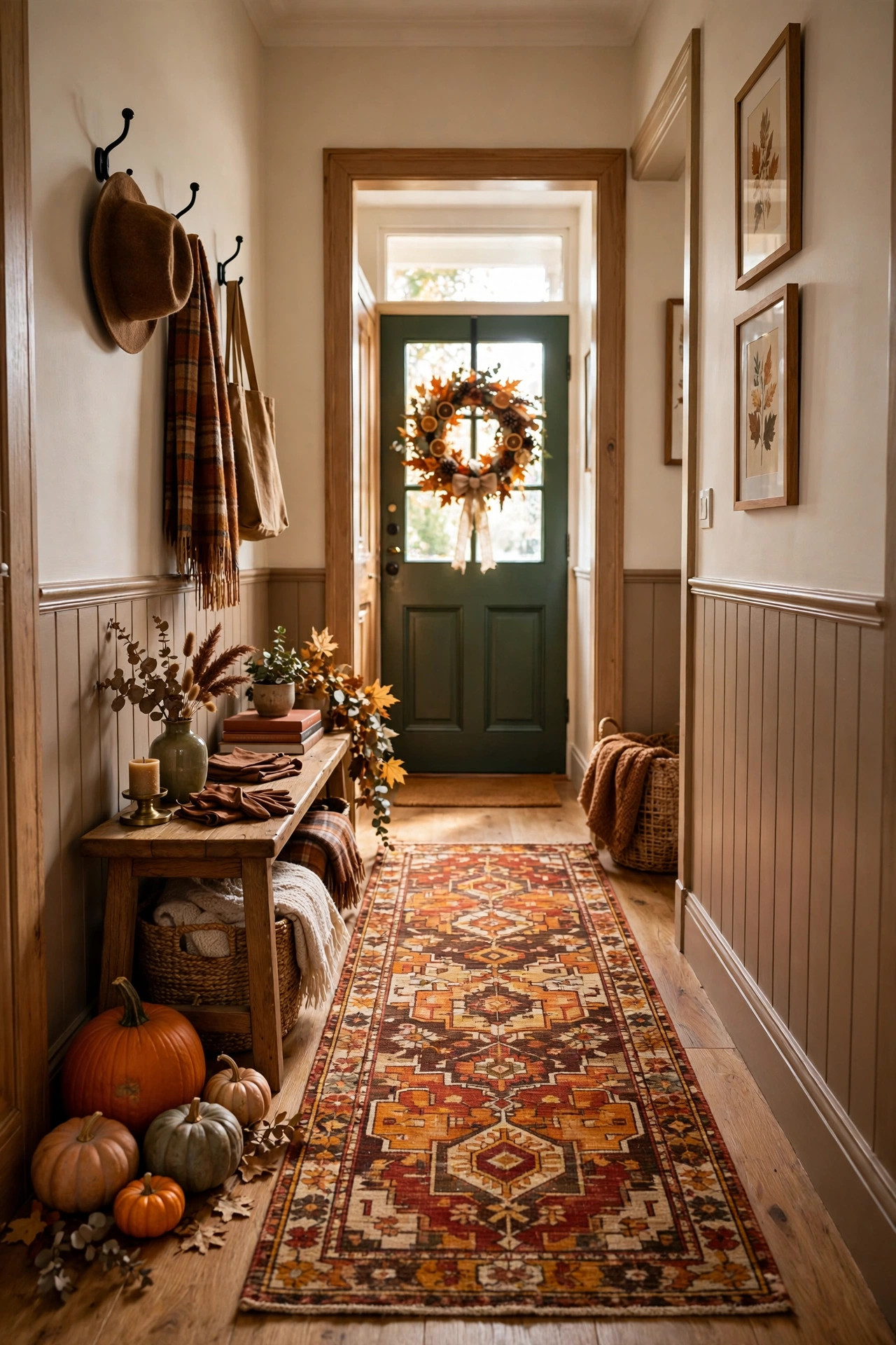 Entryway hallway with autumn-toned patterned rug runner