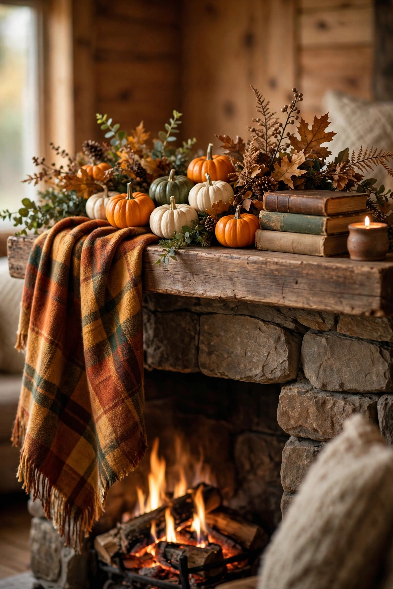 Plaid throw blanket draped on a Thanksgiving mantel with mini pumpkins and vintage books