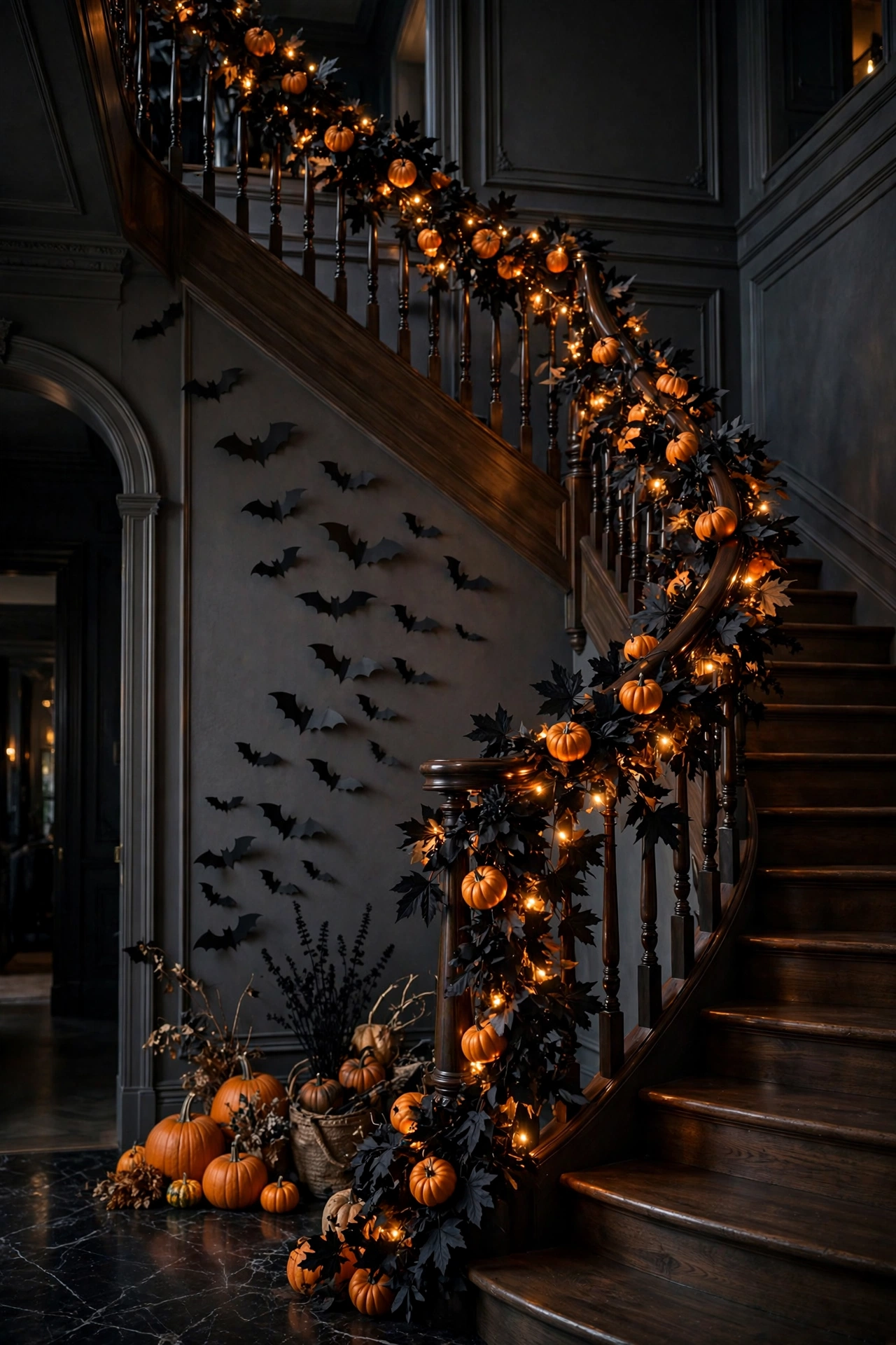 Staircase banister wrapped in a Halloween garland with orange string lights and paper bats on the wall