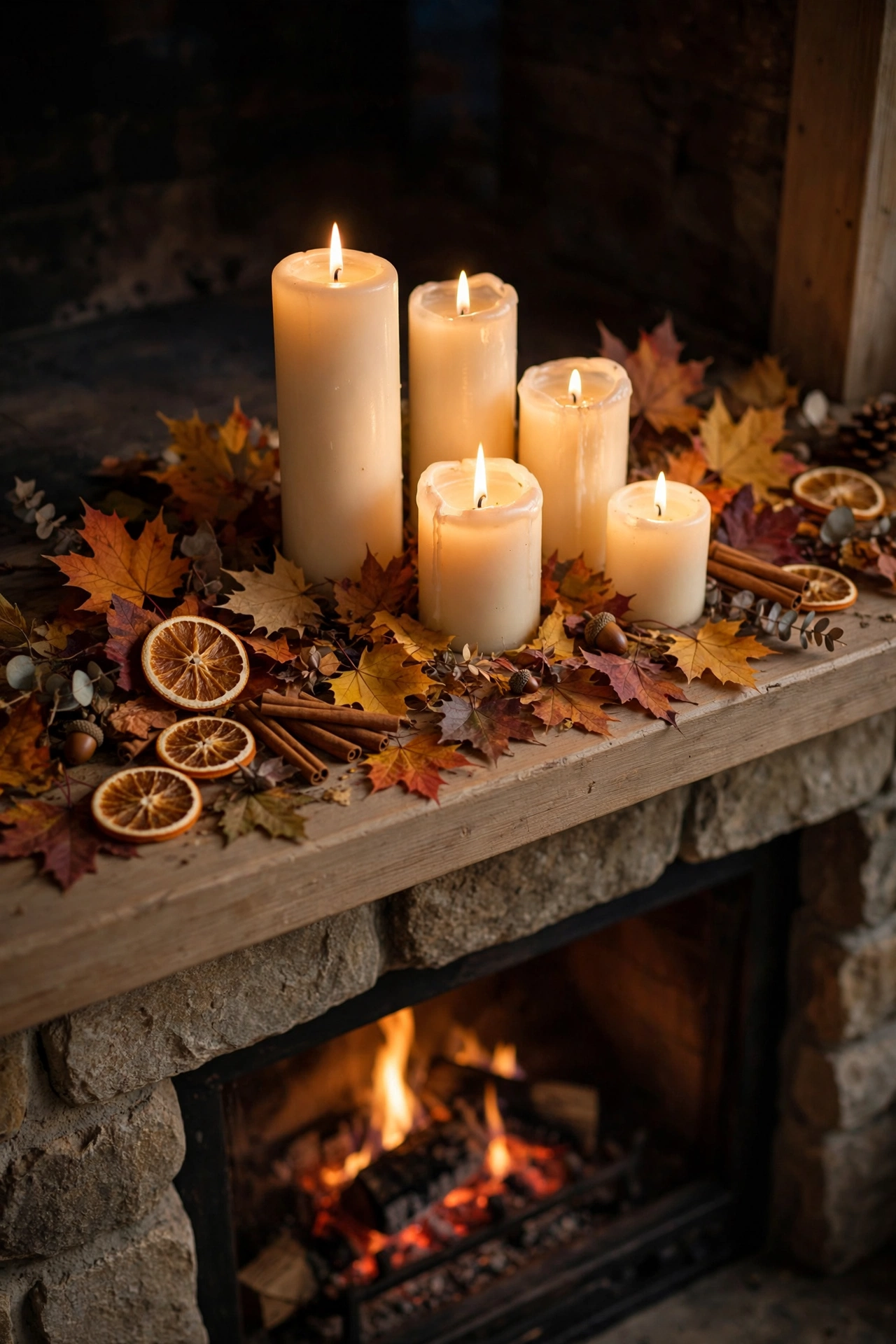 Cluster of ivory pillar candles with autumn leaves and cinnamon sticks on a Thanksgiving mantel