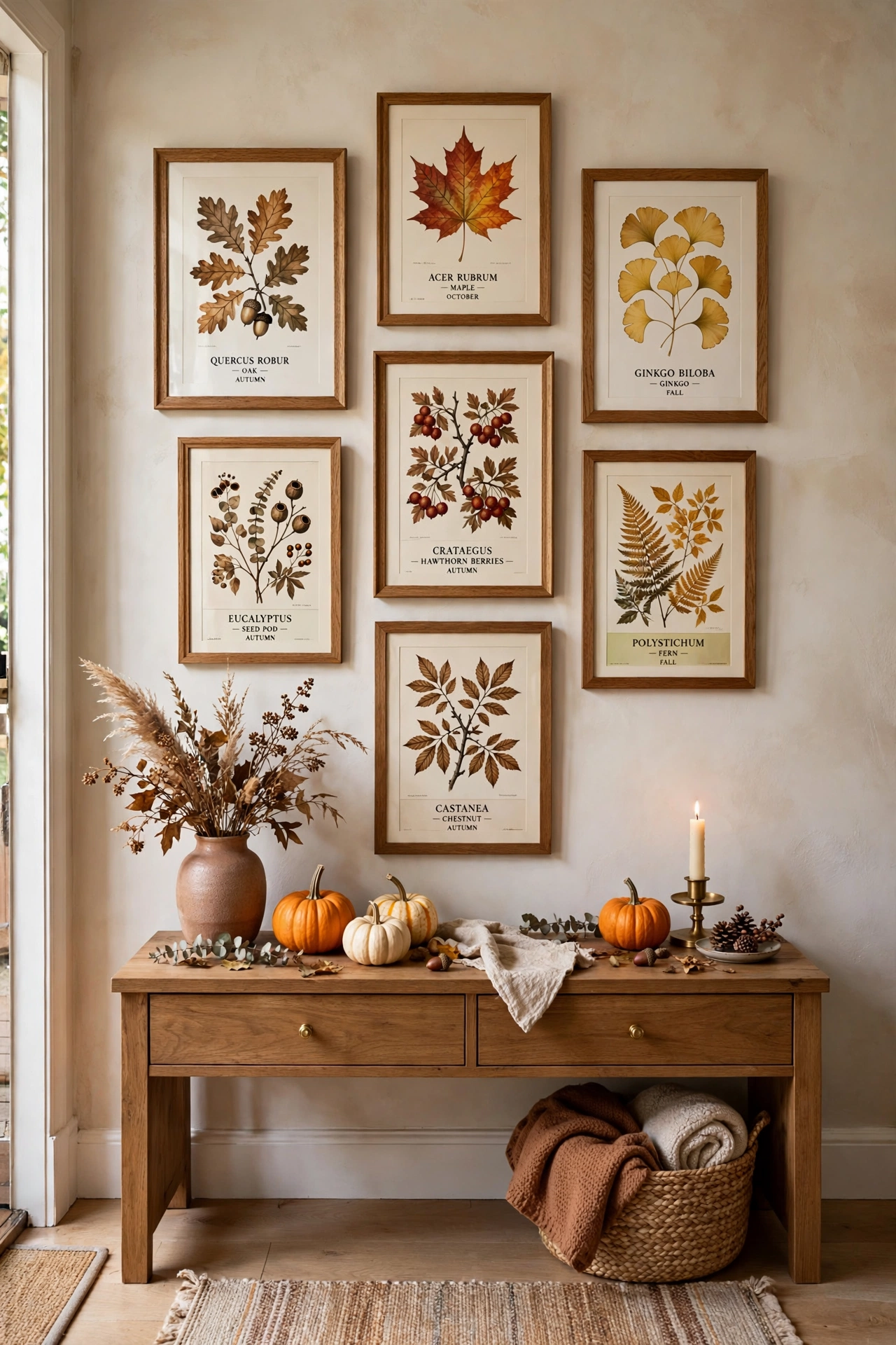 Gallery wall of framed autumn botanical prints above an entryway console
