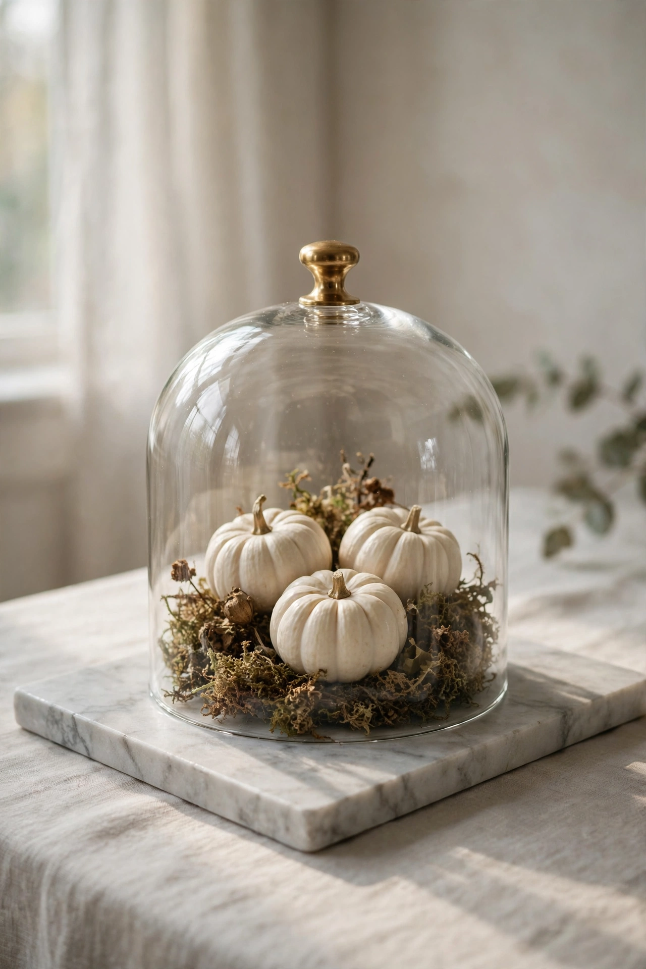 Glass cloche dome over mini white pumpkins and dried moss on a marble tray
