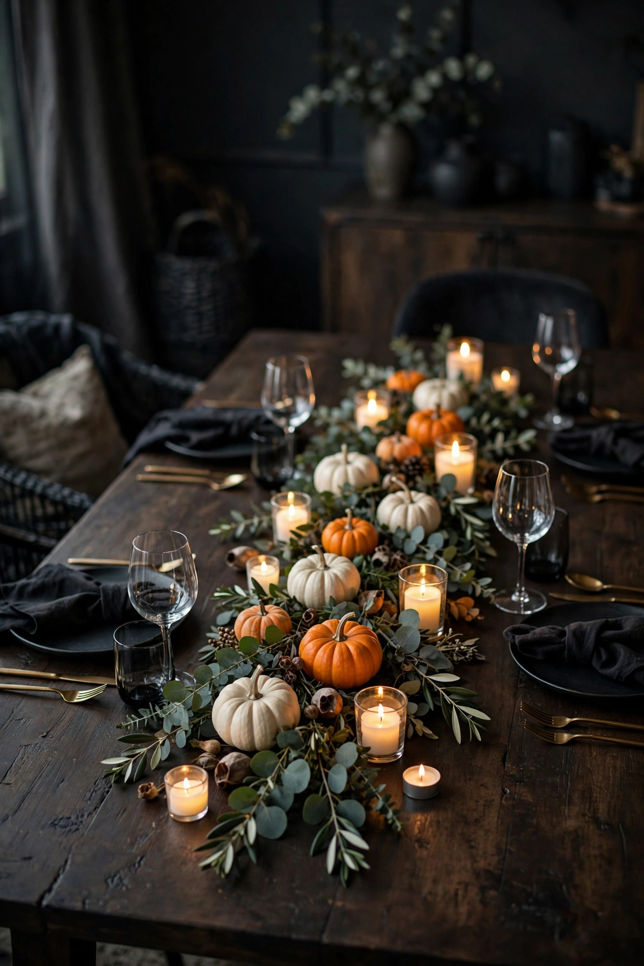 Halloween dining table with a low garland runner of mini pumpkins, eucalyptus and flickering LED candles
