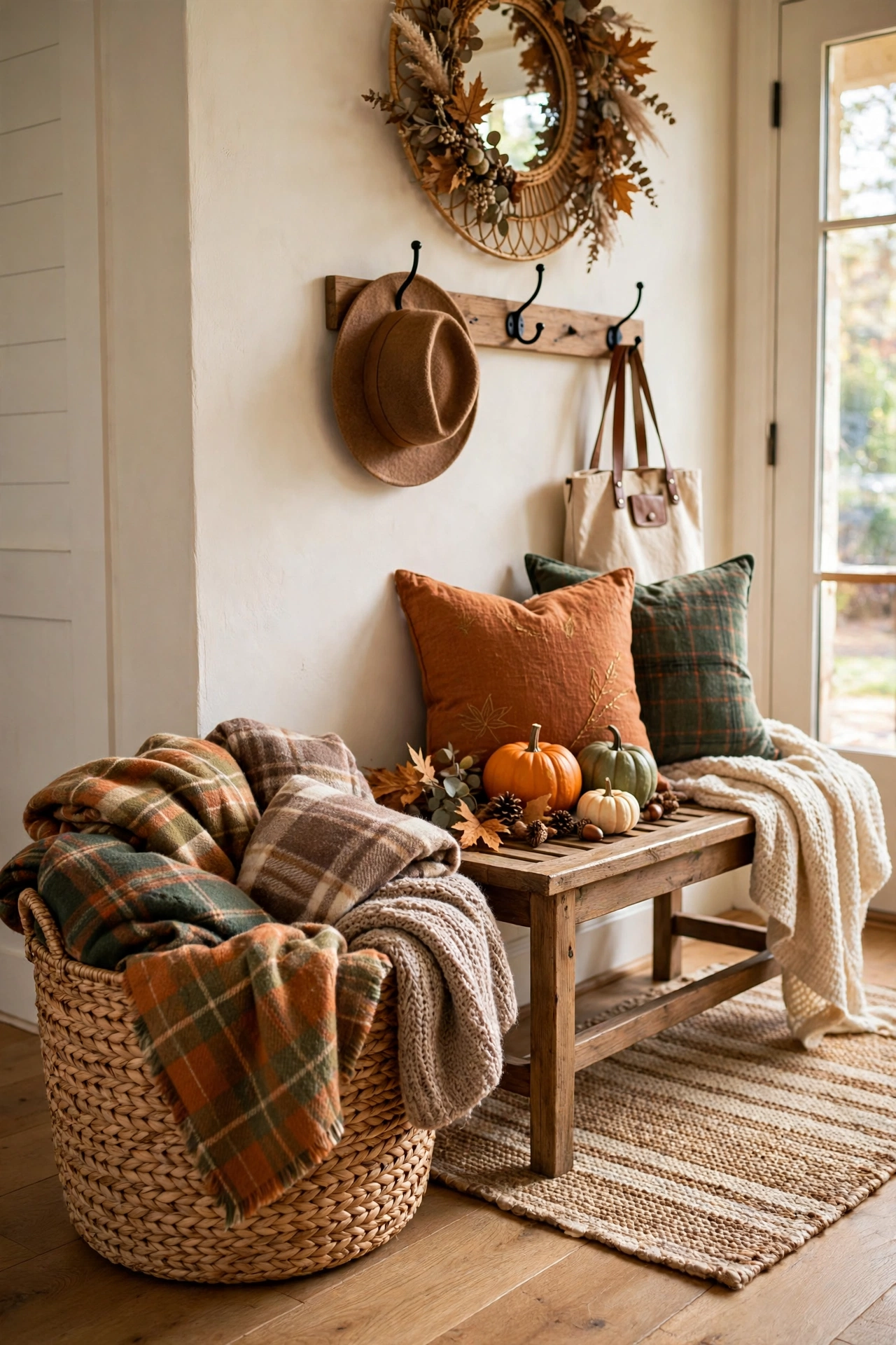 Woven basket of plaid throws beside a fall-decorated entryway bench